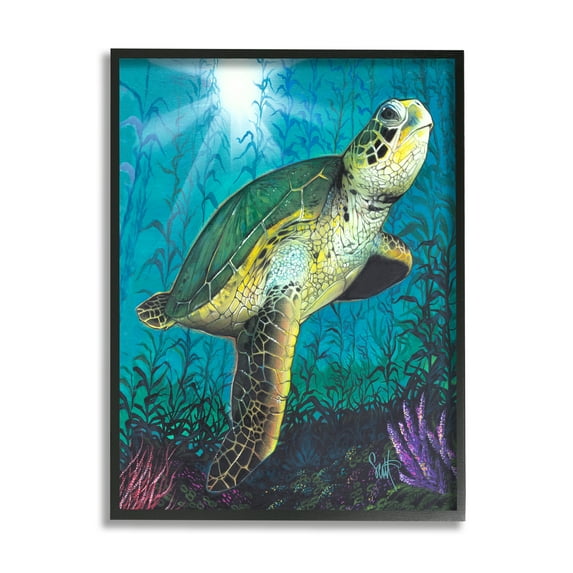 Stupell Industries Turtle Underwater Reef Animals & Insects Painting Black Framed Art Print Wall Art, 24 x 30
