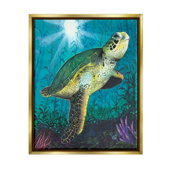 Stupell Industries Turtle Underwater Reef Animals & Insects Painting Gold Floater Framed Art Print Wall Art, 25 x 31