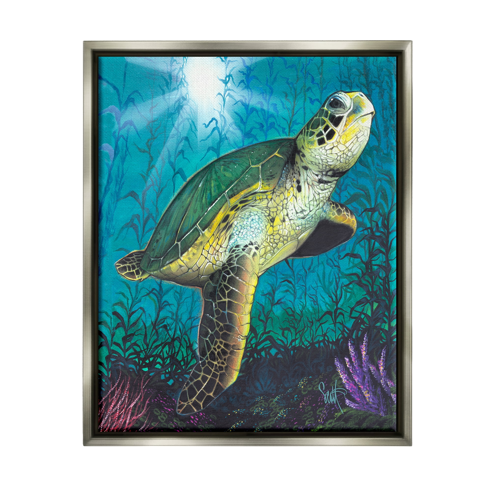 Stupell Industries Turtle Underwater Reef Animals & Insects Painting Gray Floater Framed Art Print Wall Art, 17 x 21