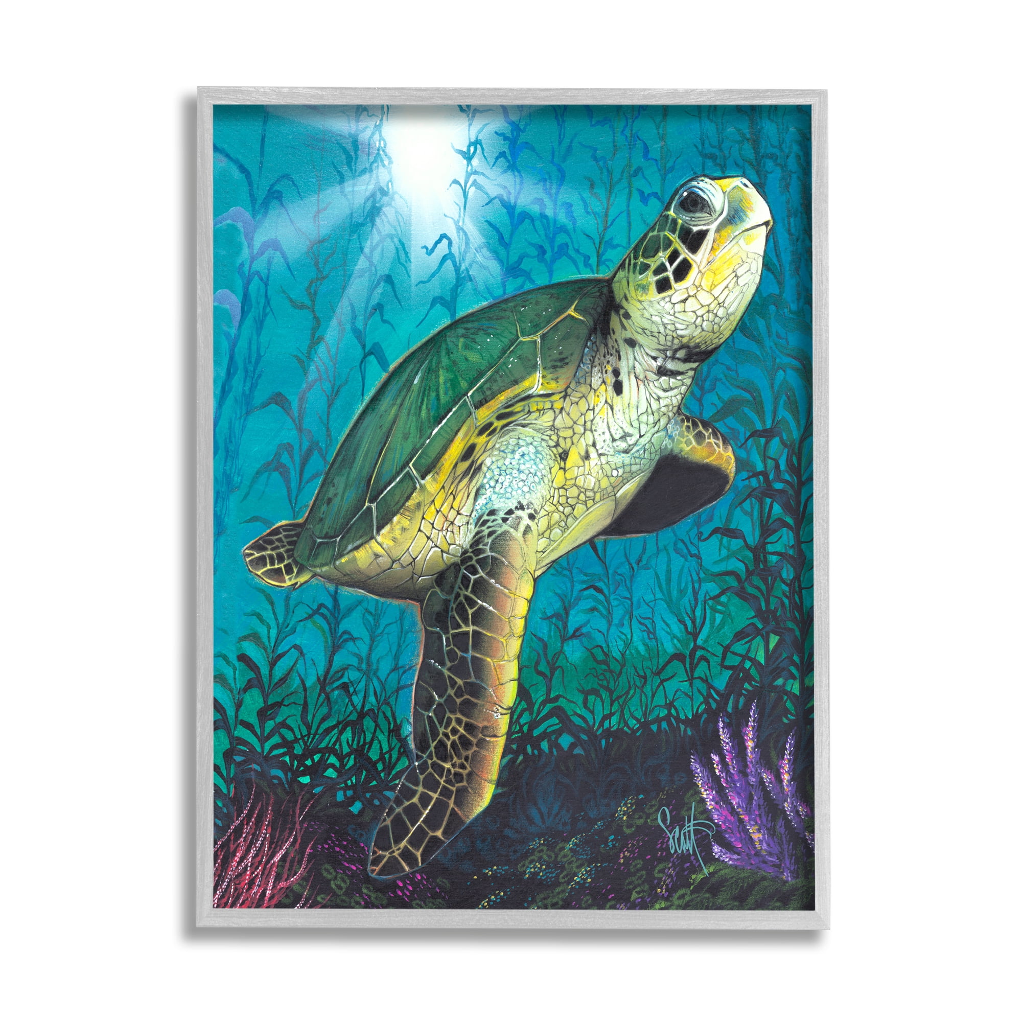 Stupell Industries Turtle Underwater Reef Animals & Insects Painting Gray Framed Art Print Wall Art, 16 x 20