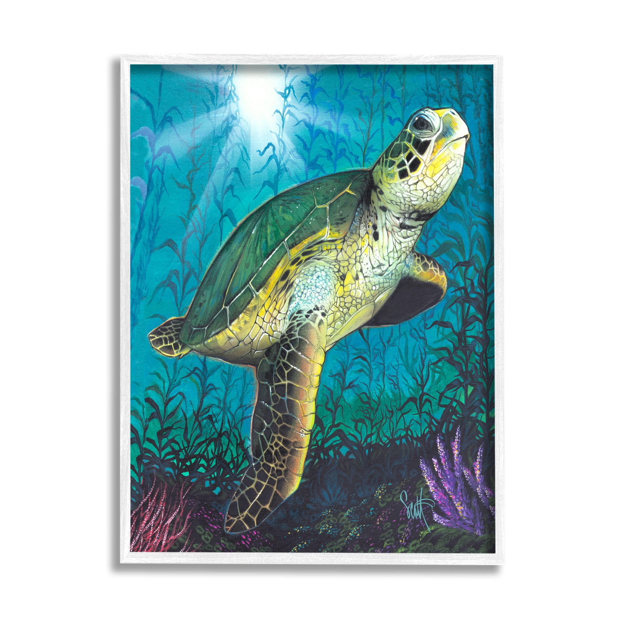 Stupell Industries Turtle Underwater Reef Animals & Insects Painting White Framed Art Print Wall Art, 16 x 20