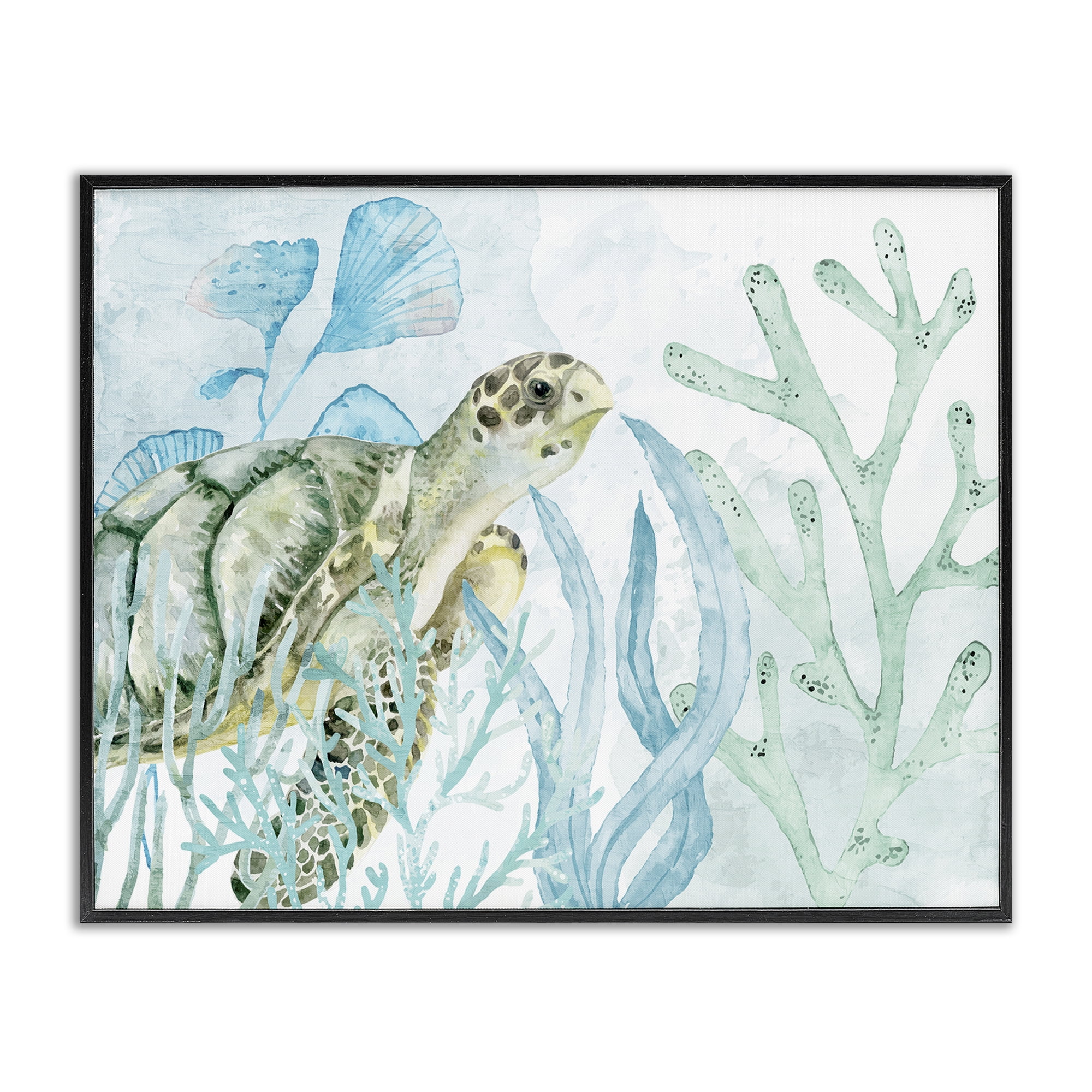 Stupell Industries Turtle in Watercolor Coral Animals Painting Black Framed Art Print Wall Art, 20 x 16