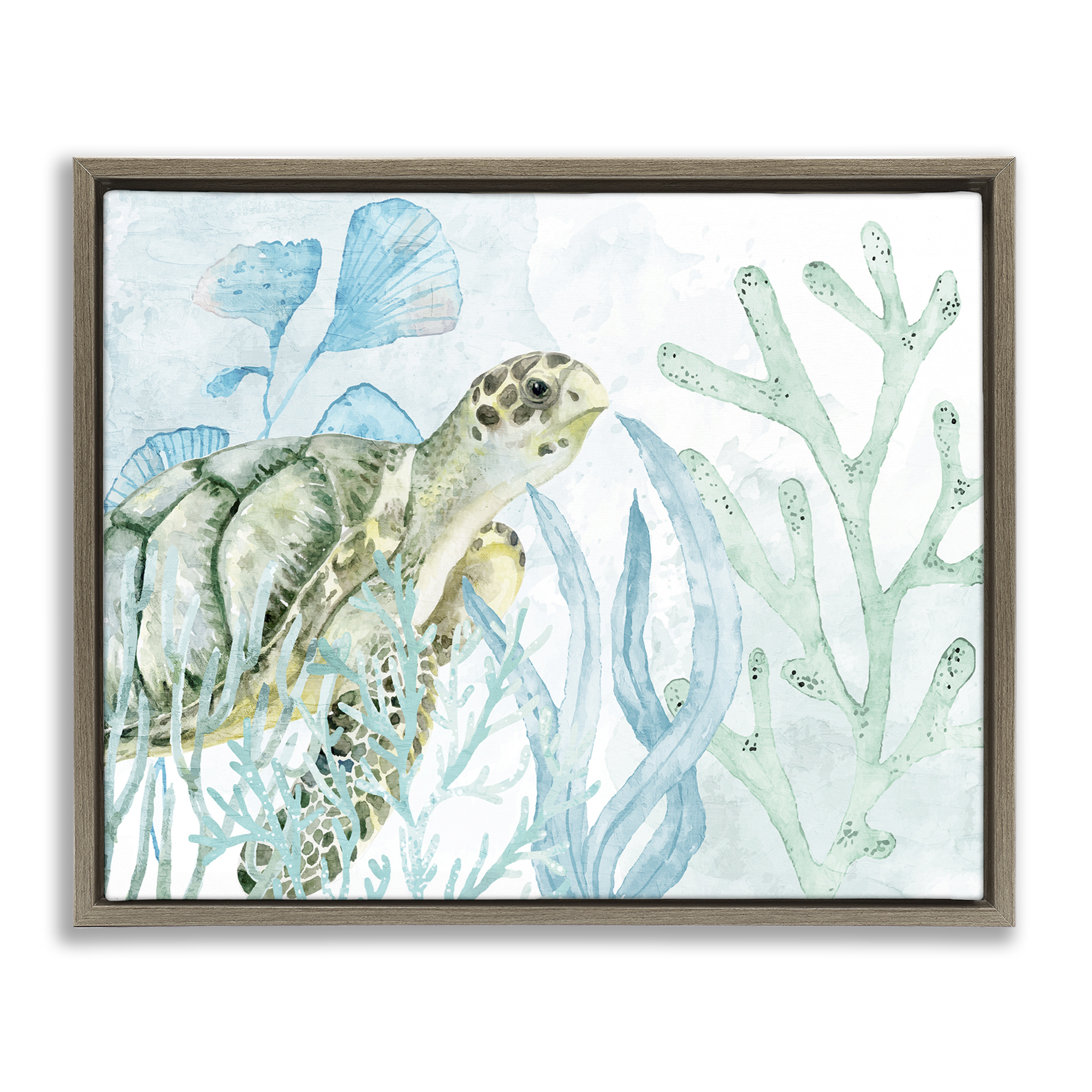 Stupell Industries Turtle in Watercolor Coral Animals Painting Brown Floater Framed Canvas Art Print Wall Art, 21 x 17