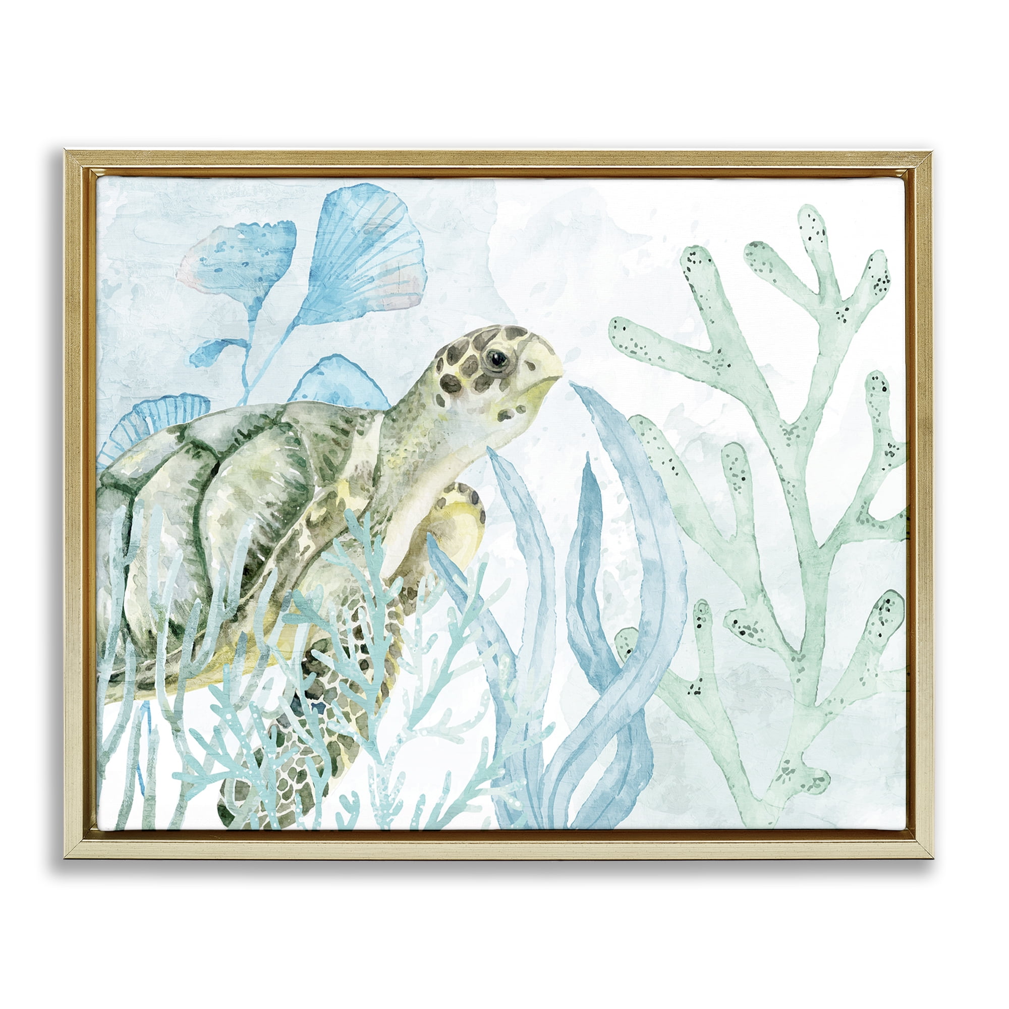 Stupell Industries Turtle in Watercolor Coral Animals Painting Gold Floater Framed Canvas Art Print Wall Art, 31 x 25