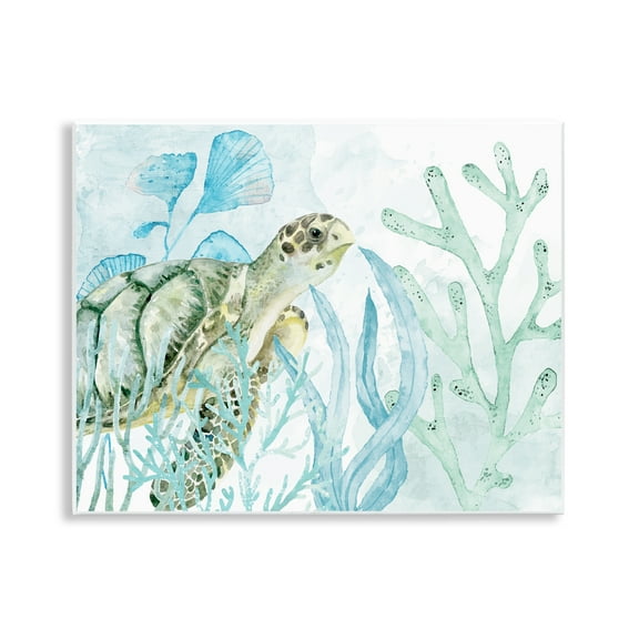 Stupell Industries Turtle in Watercolor Coral Animals Painting Unframed Art Print Wall Art, 14 x 11