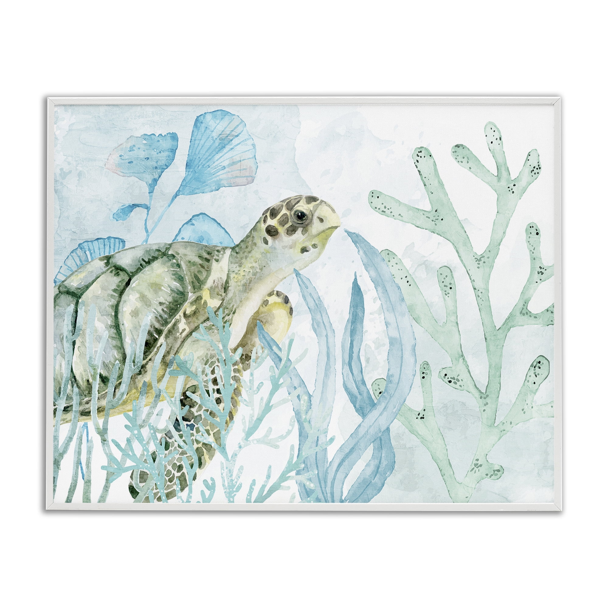 Stupell Industries Turtle in Watercolor Coral Animals Painting White Framed Art Print Wall Art, 20 x 16