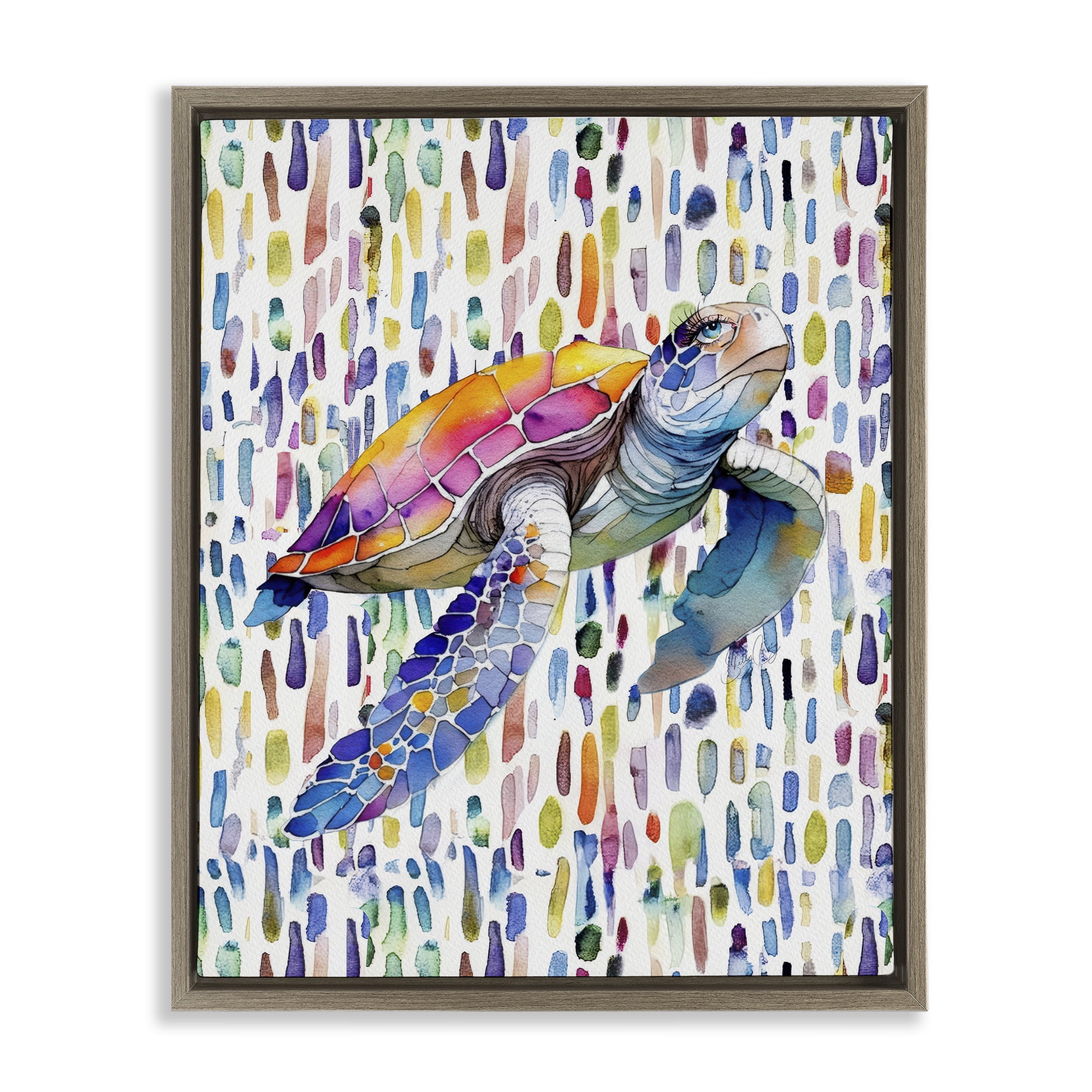 Stupell Industries Turtle on Colorful Dots Brown Framed Floater Canvas Wall Art, design by Shelly Craig