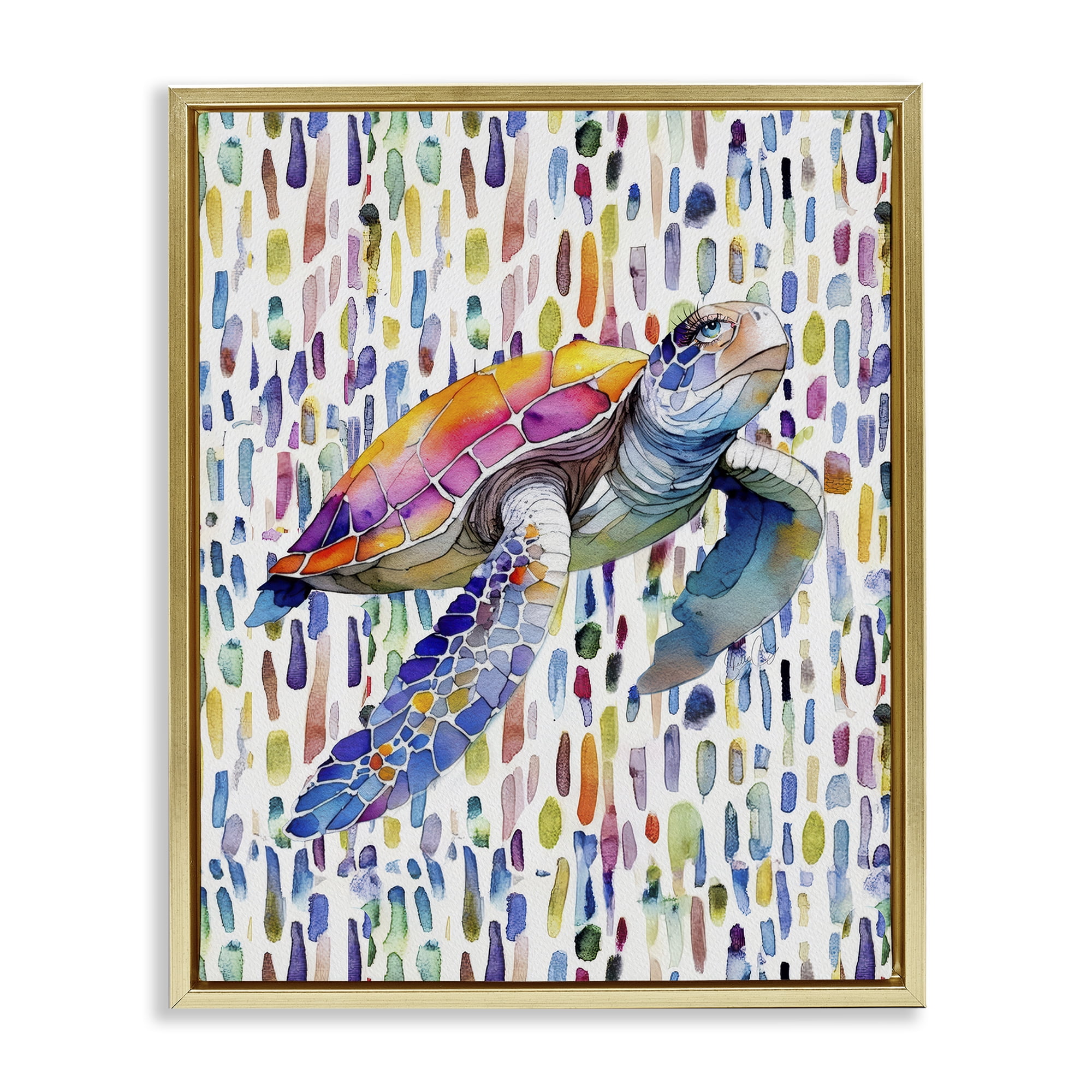 Stupell Industries Turtle on Colorful Dots Gold Framed Floater Canvas Wall Art, design by Shelly Craig
