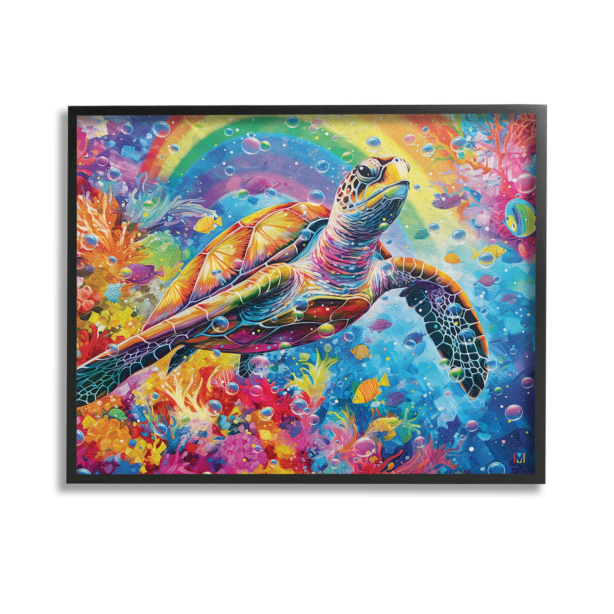Stupell Industries Turtle with Underwater Rainbow Animals & Insects Painting Black Framed Art Print Wall Art, 14 x 11