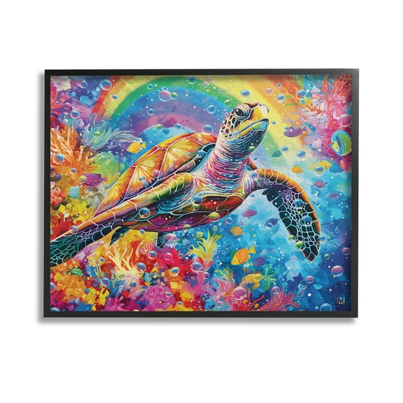 Stupell Industries Turtle with Underwater Rainbow Animals & Insects Painting Black Framed Art Print Wall Art, 14 x 11
