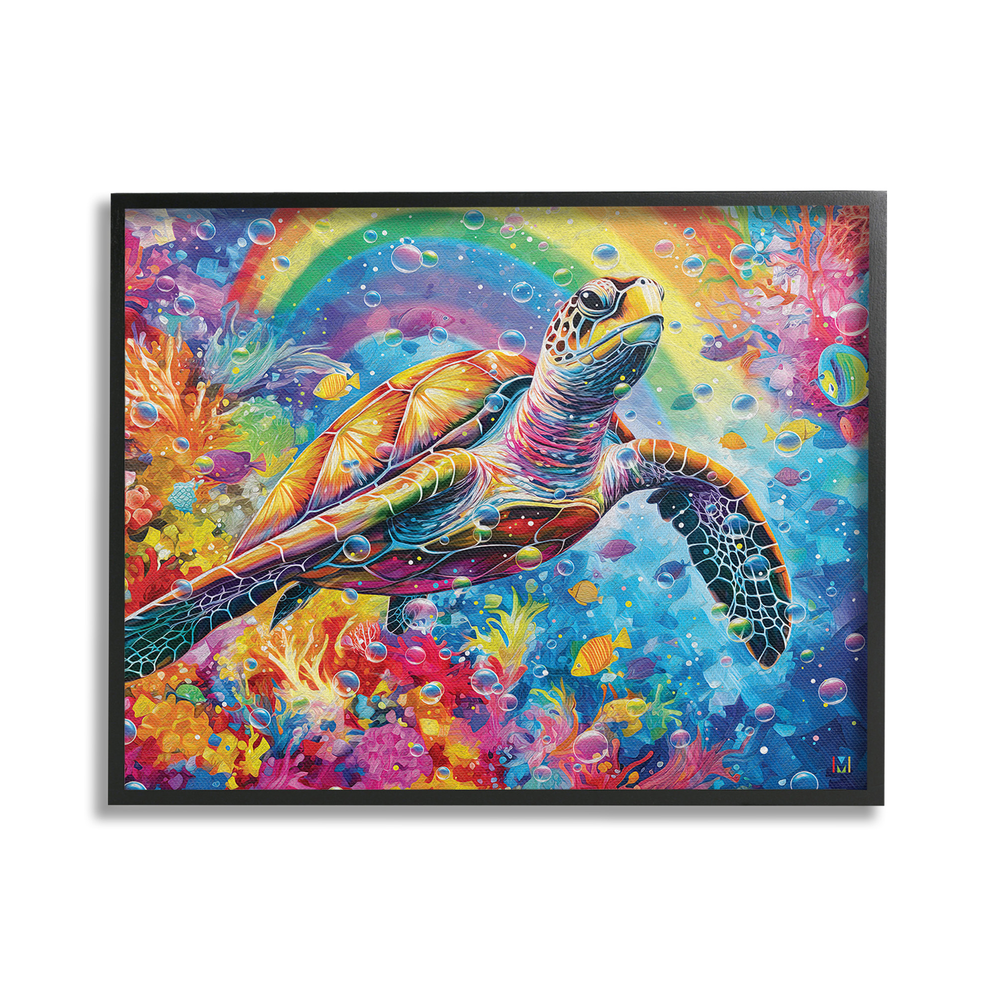 Stupell Industries Turtle with Underwater Rainbow Animals & Insects Painting Black Framed Art Print Wall Art, 20 x 16