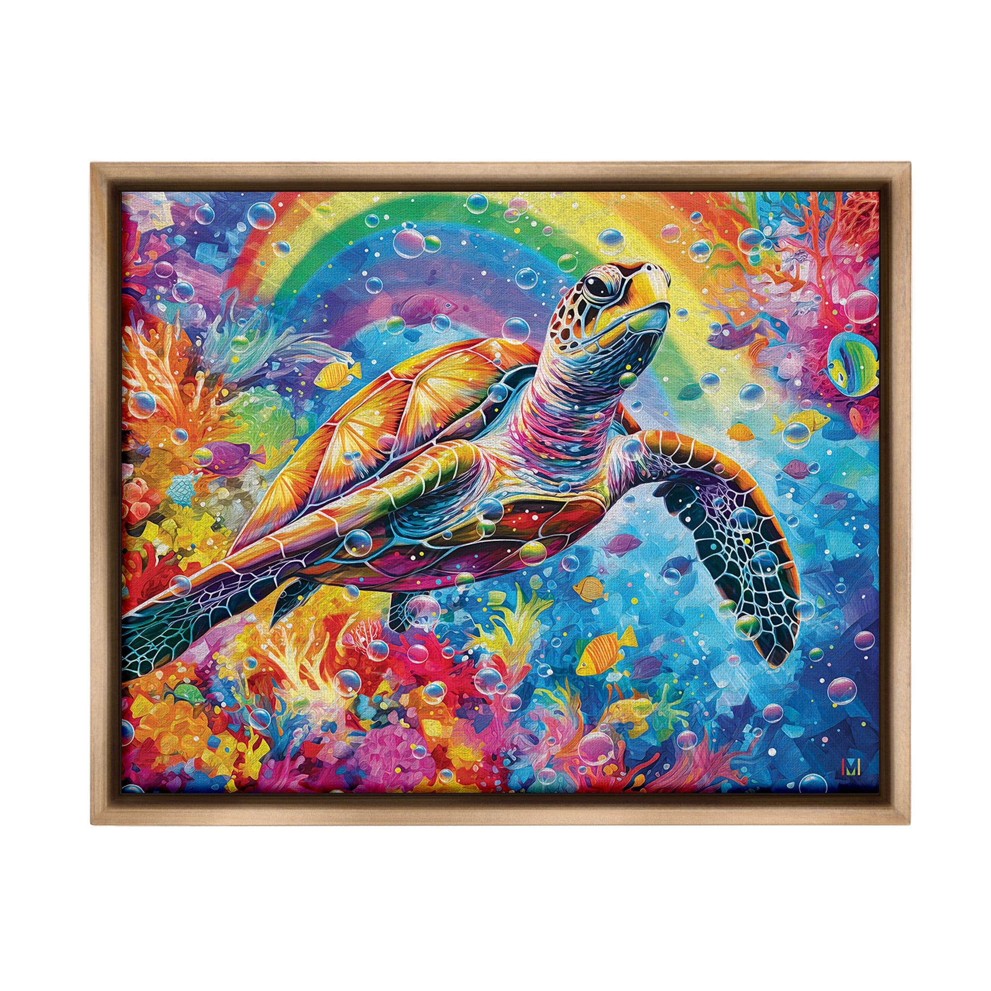 Stupell Industries Turtle with Underwater Rainbow Animals & Insects Painting Brown Floater Framed Canvas Art Print Wall Art, 31 x 25