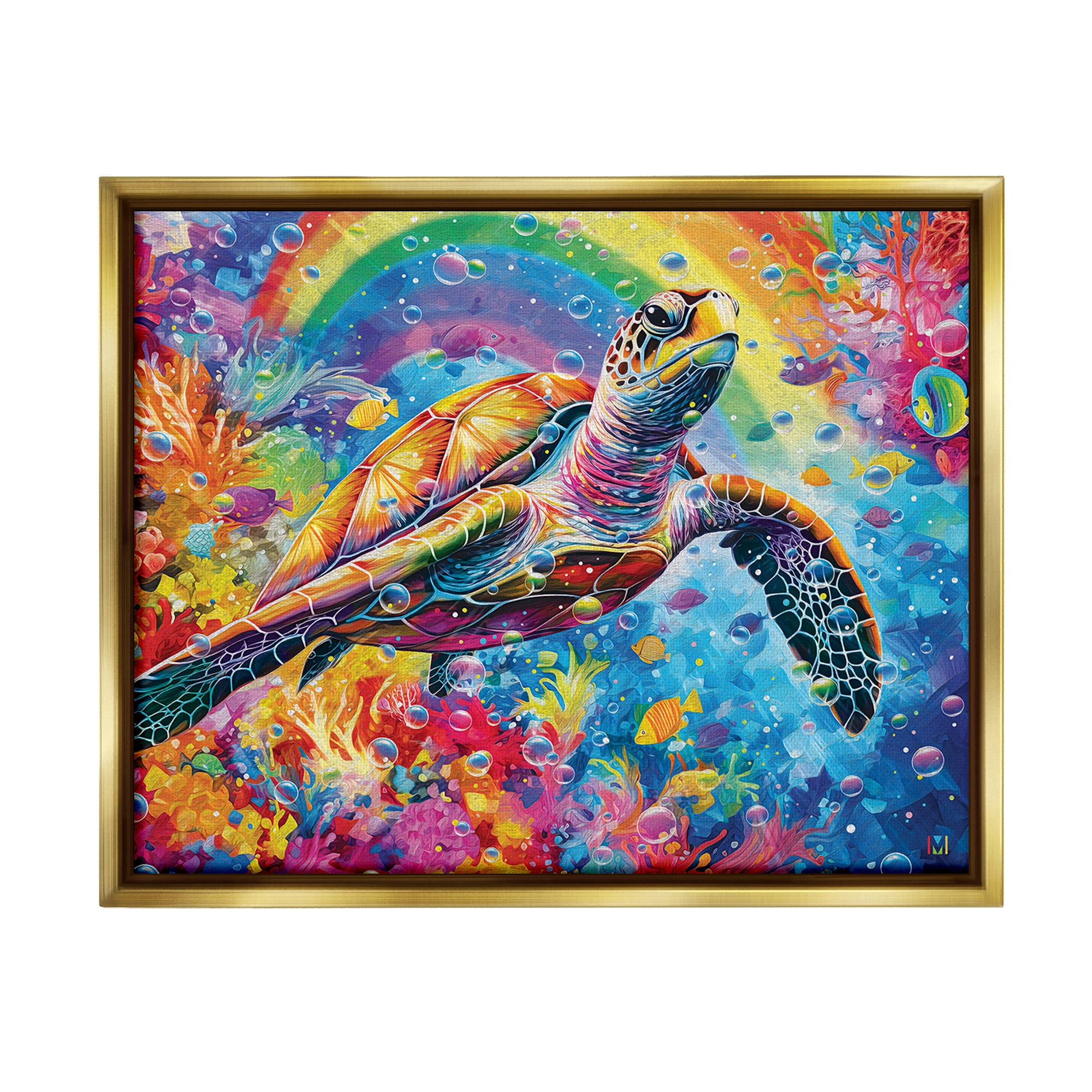 Stupell Industries Turtle with Underwater Rainbow Animals & Insects Painting Gold Floater Framed Canvas Art Print Wall Art, 31 x 25