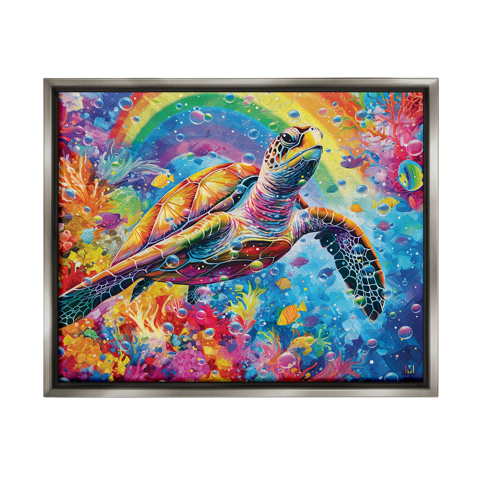 Stupell Industries Turtle with Underwater Rainbow Animals & Insects Painting Gray Floater Framed Canvas Art Print Wall Art, 31 x 25