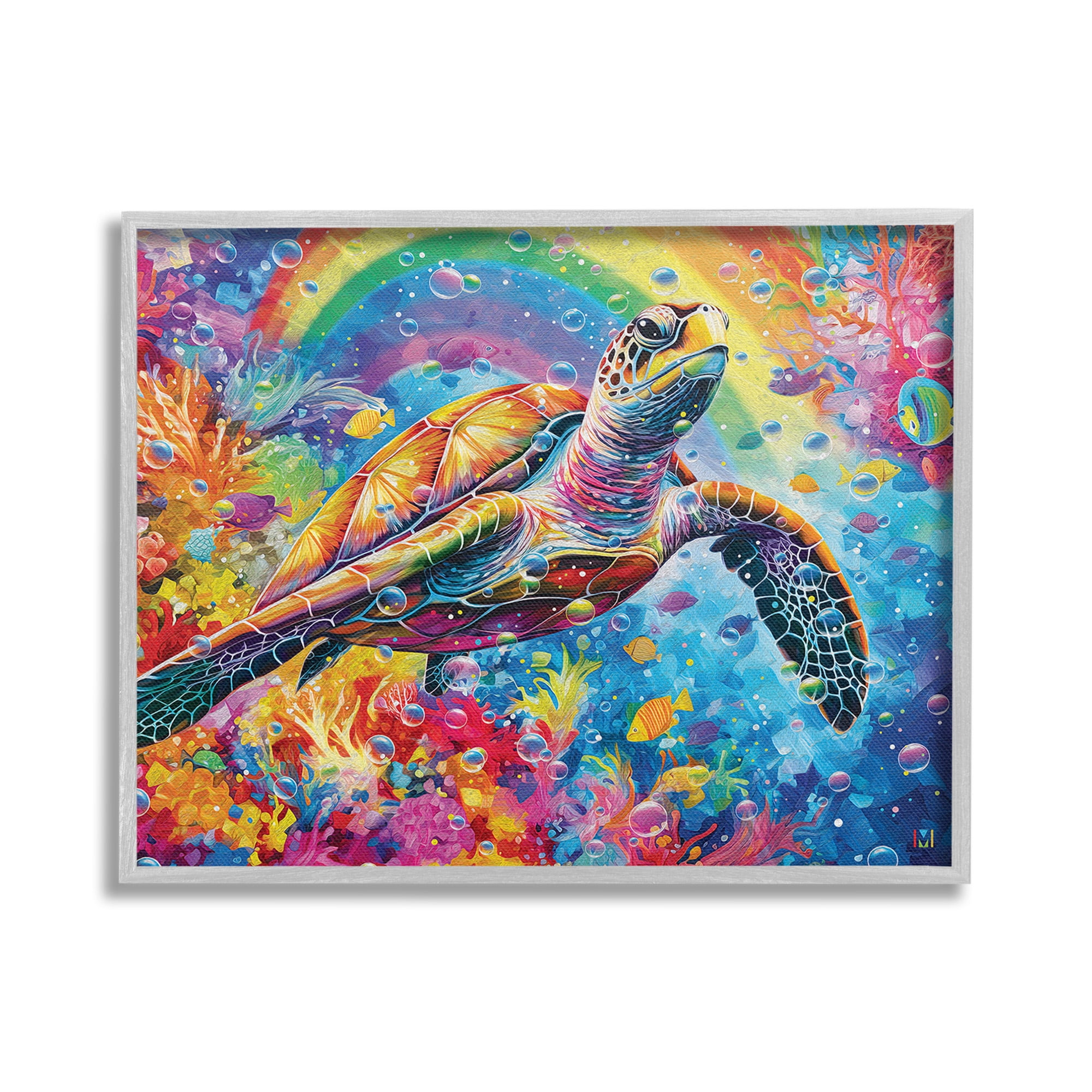 Stupell Industries Turtle with Underwater Rainbow Animals & Insects Painting Gray Framed Art Print Wall Art, 30 x 24