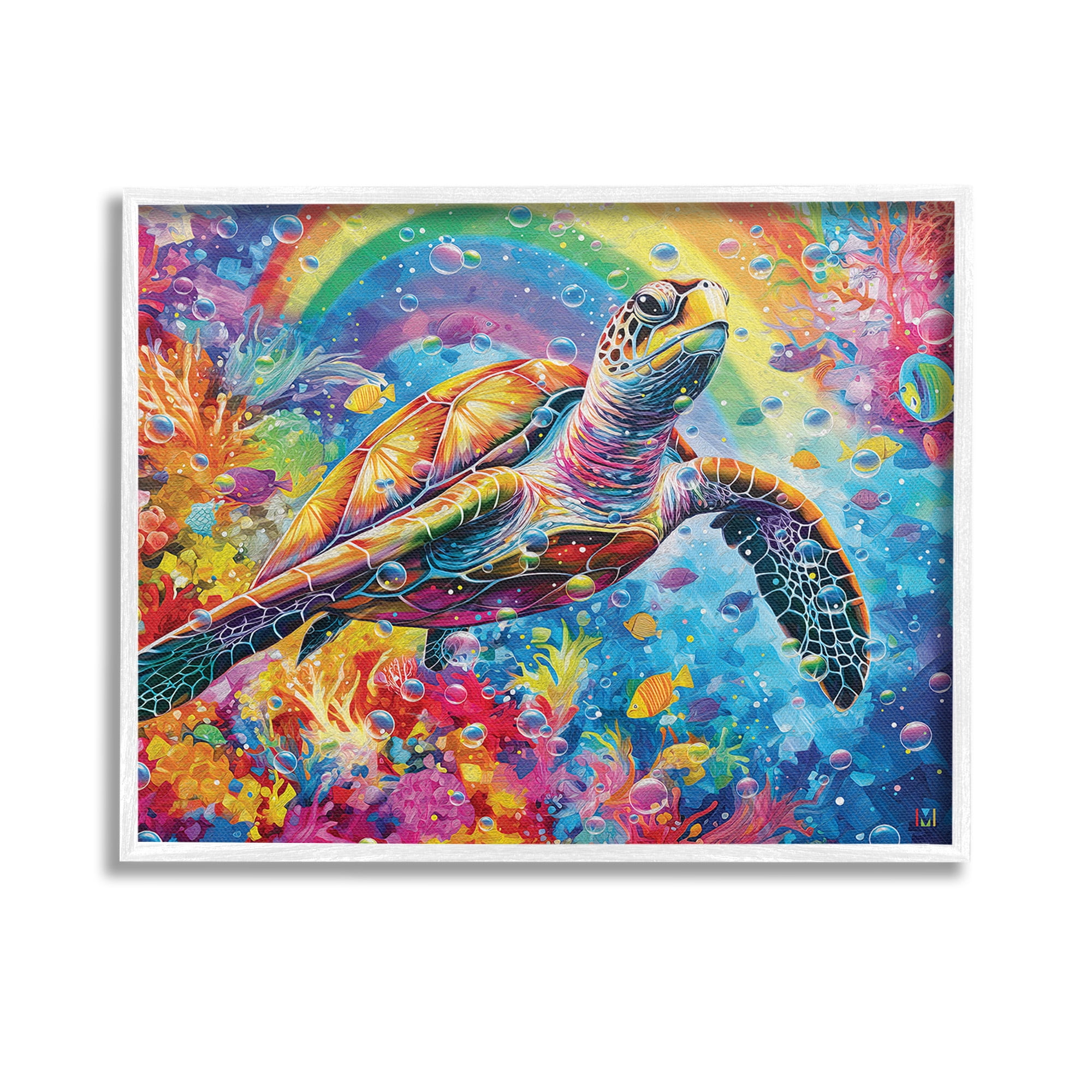 Stupell Industries Turtle with Underwater Rainbow Animals & Insects Painting White Framed Art Print Wall Art, 14 x 11