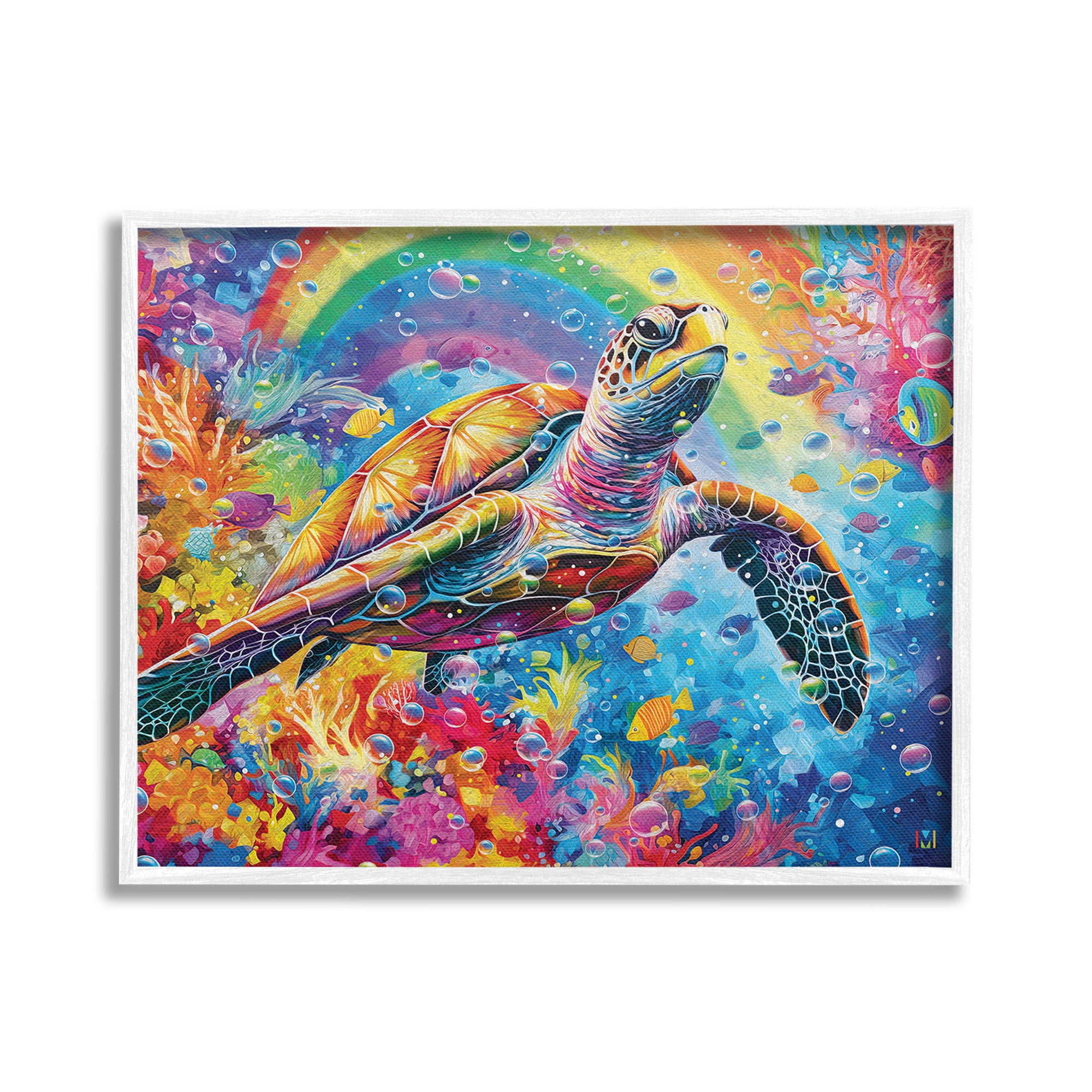 Stupell Industries Turtle with Underwater Rainbow Animals & Insects Painting White Framed Art Print Wall Art, 30 x 24