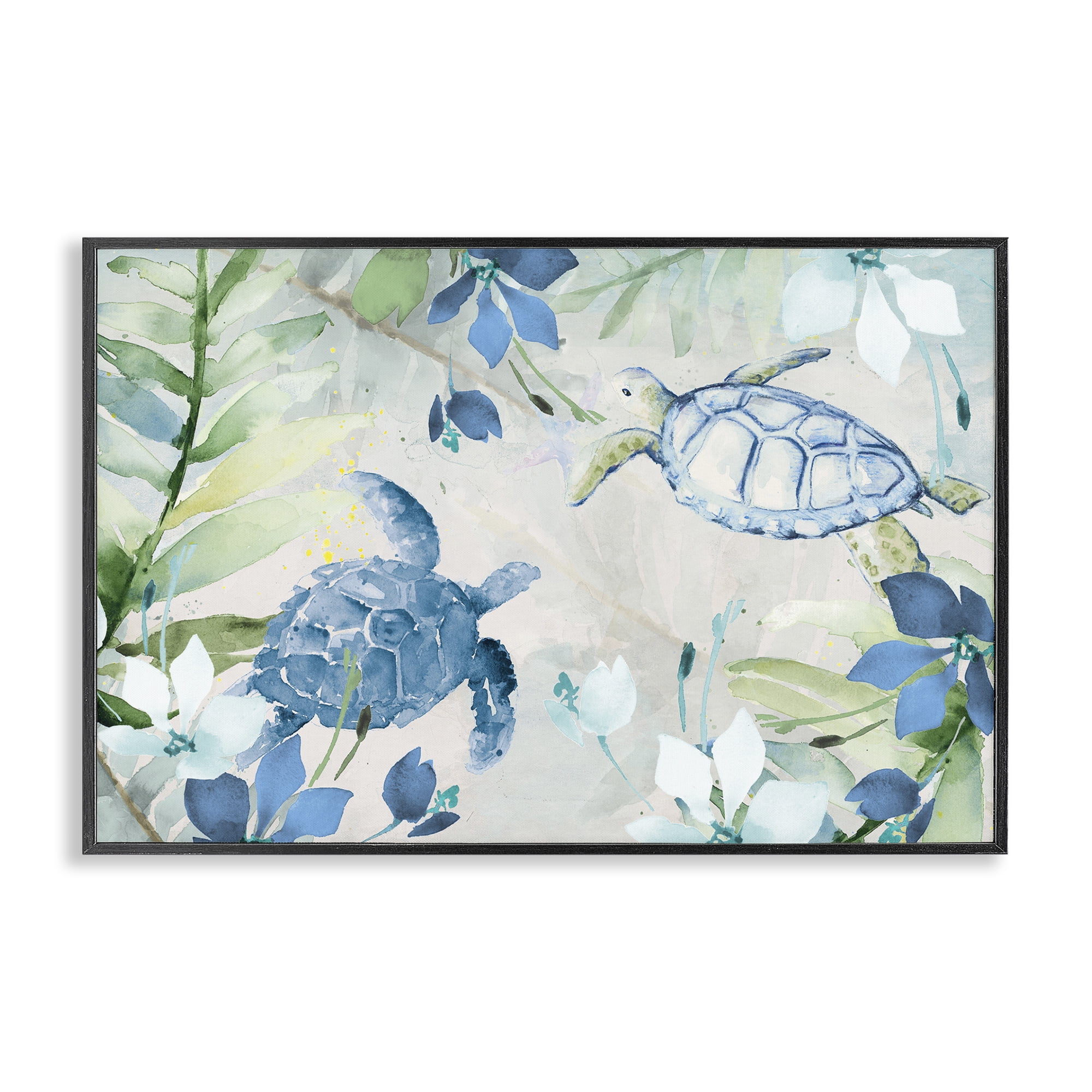 Stupell Industries Turtles Among Flowers Coastal Painting Black Framed Art Print Wall Art, 30 x 20