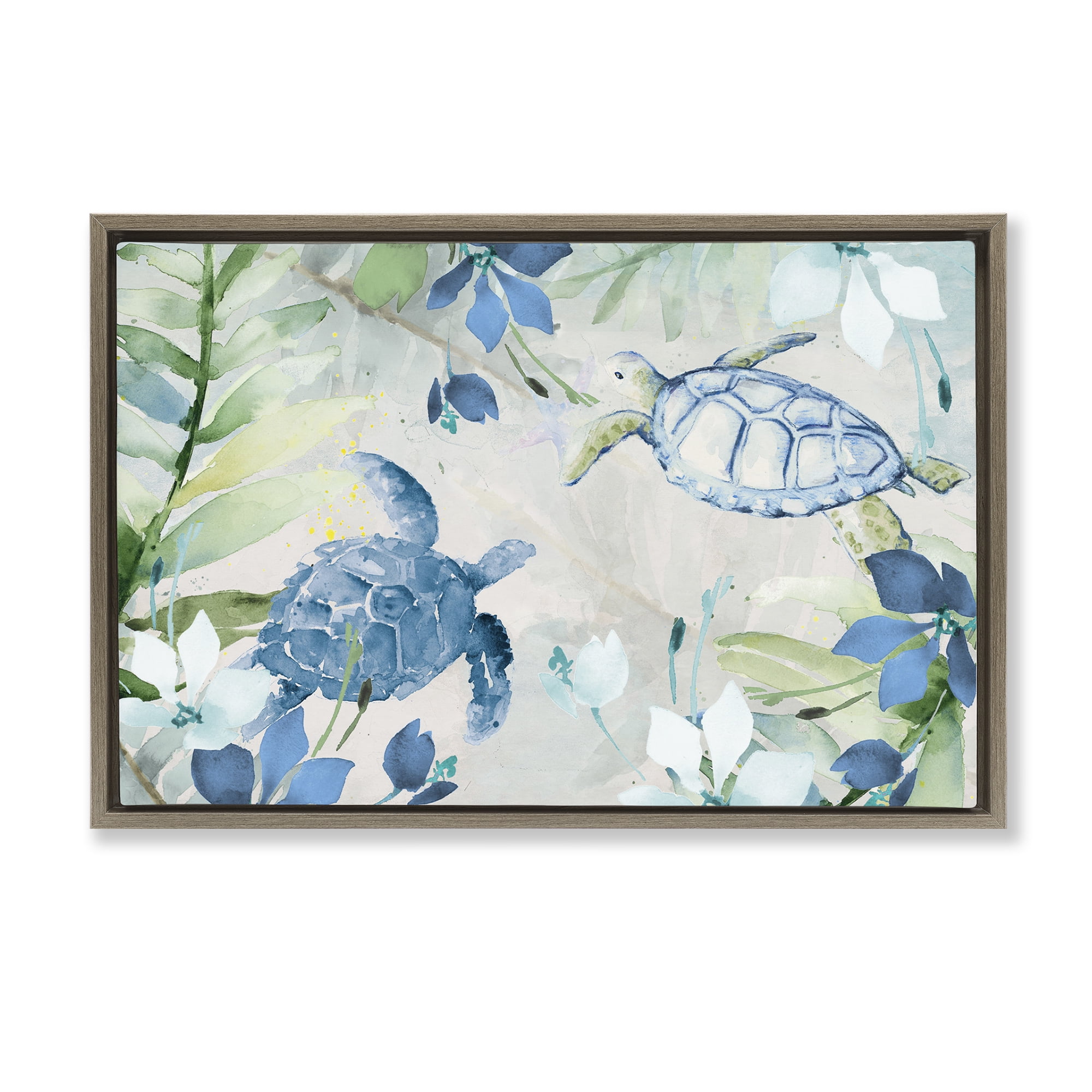 Stupell Industries Turtles Among Flowers Coastal Painting Brown Floater Framed Canvas Art Print Wall Art, 31 x 21