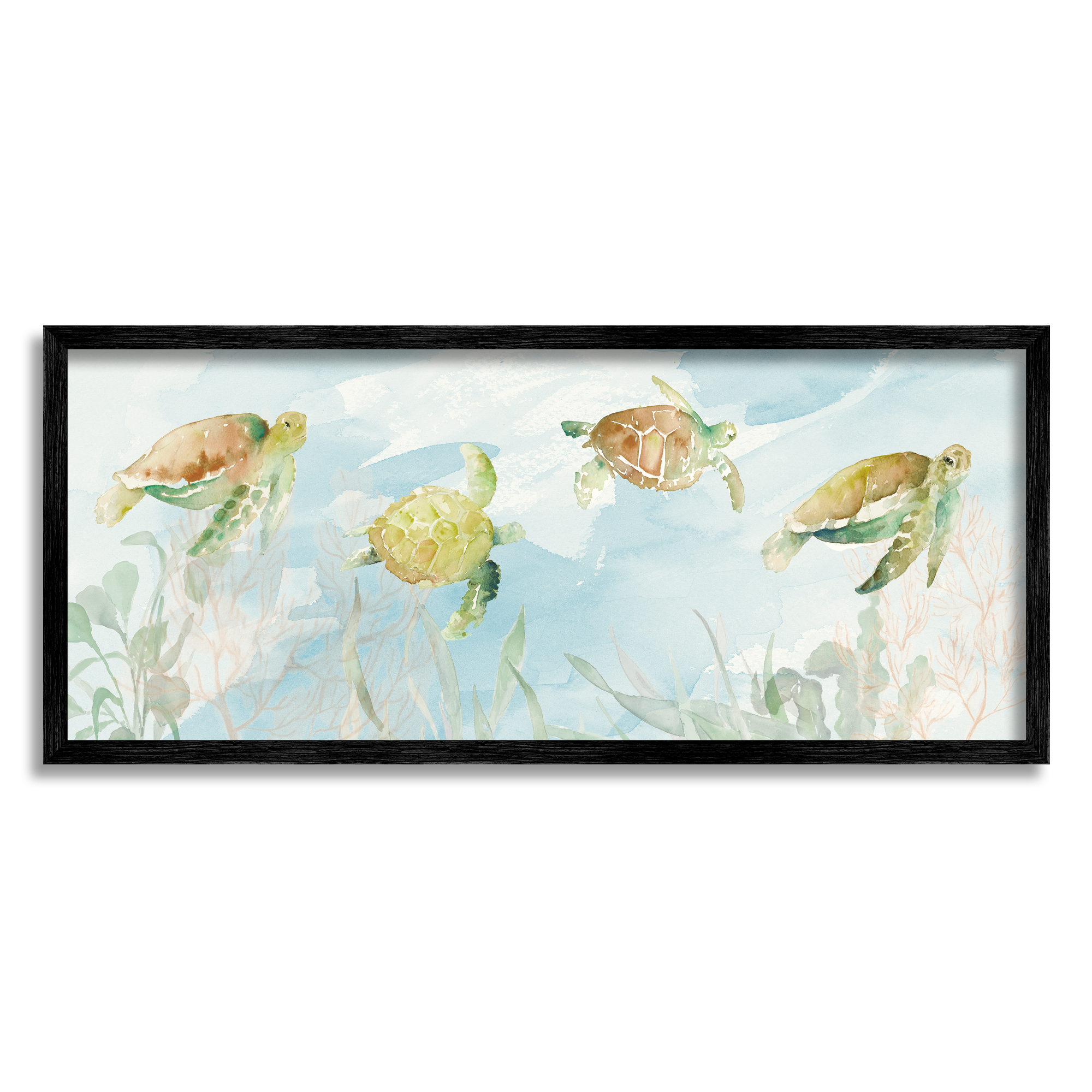 Stupell Industries Turtles Swimming Among Reef Animals & Insects Painting Black Framed Art Print Wall Art, 24 x 10