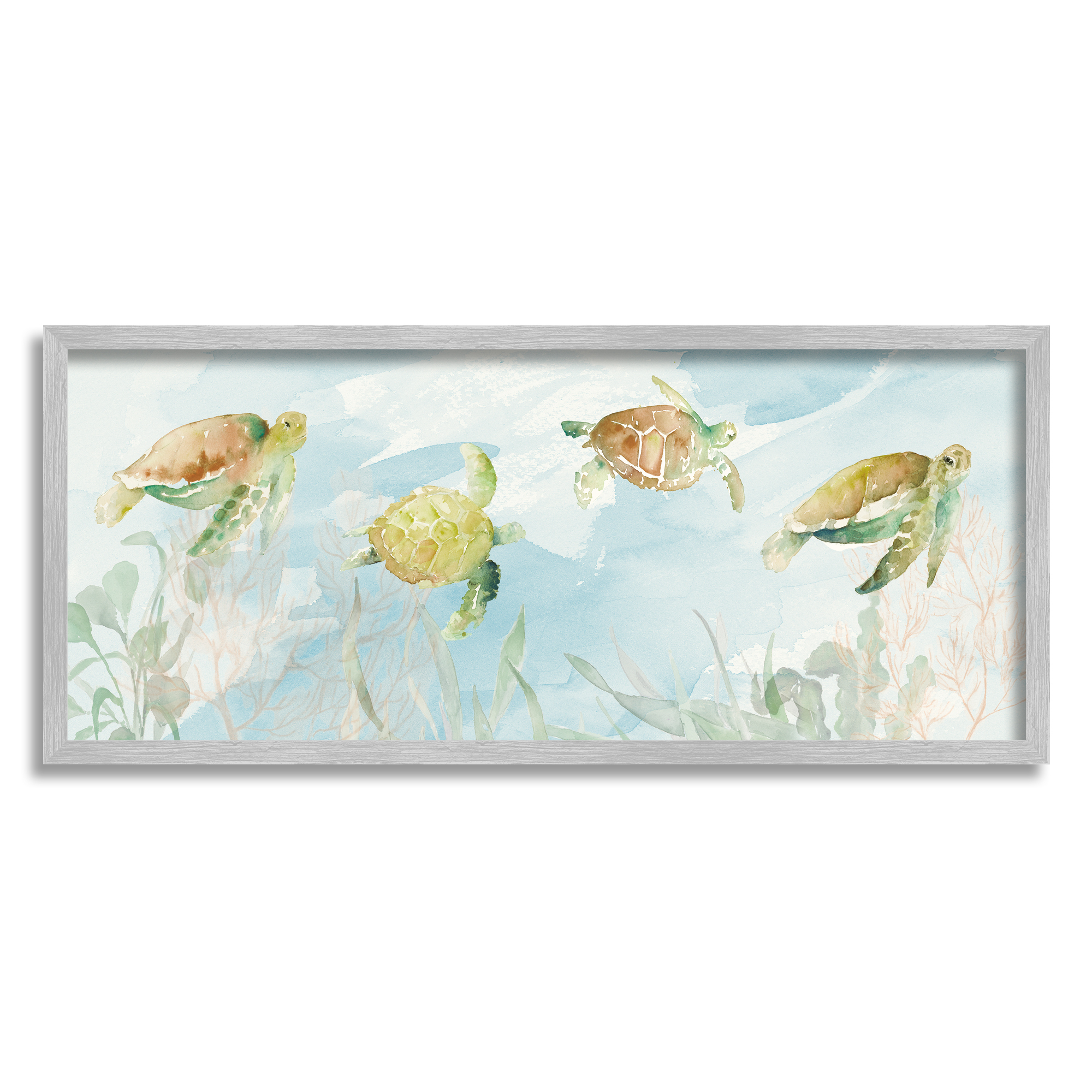 Stupell Industries Turtles Swimming Among Reef Animals & Insects Painting Gray Framed Art Print Wall Art, 30 x 13