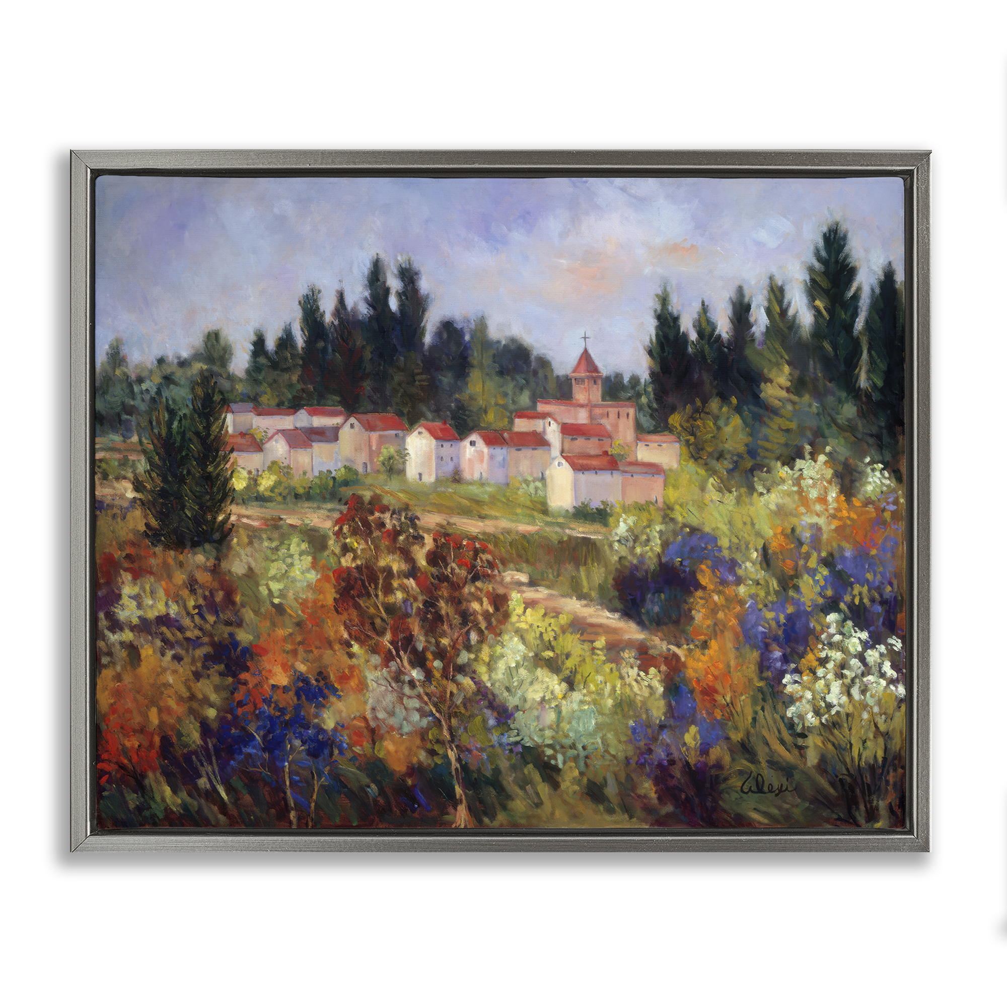 Stupell Industries Tuscan Countryside Garden Landscape & Nature Painting Gray Floater Framed Canvas Art Print Wall Art, 31 x 25