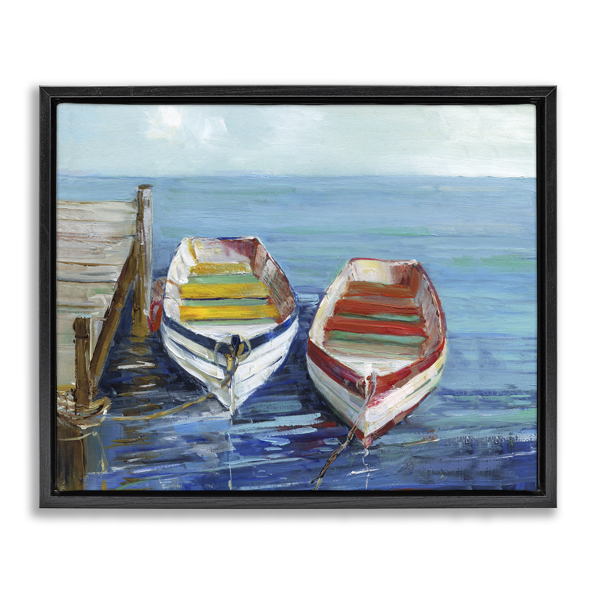 Stupell Industries Twin Boats by Dock Nautical & Beach Painting Black Floater Framed Canvas Art Print Wall Art, 31 x 25