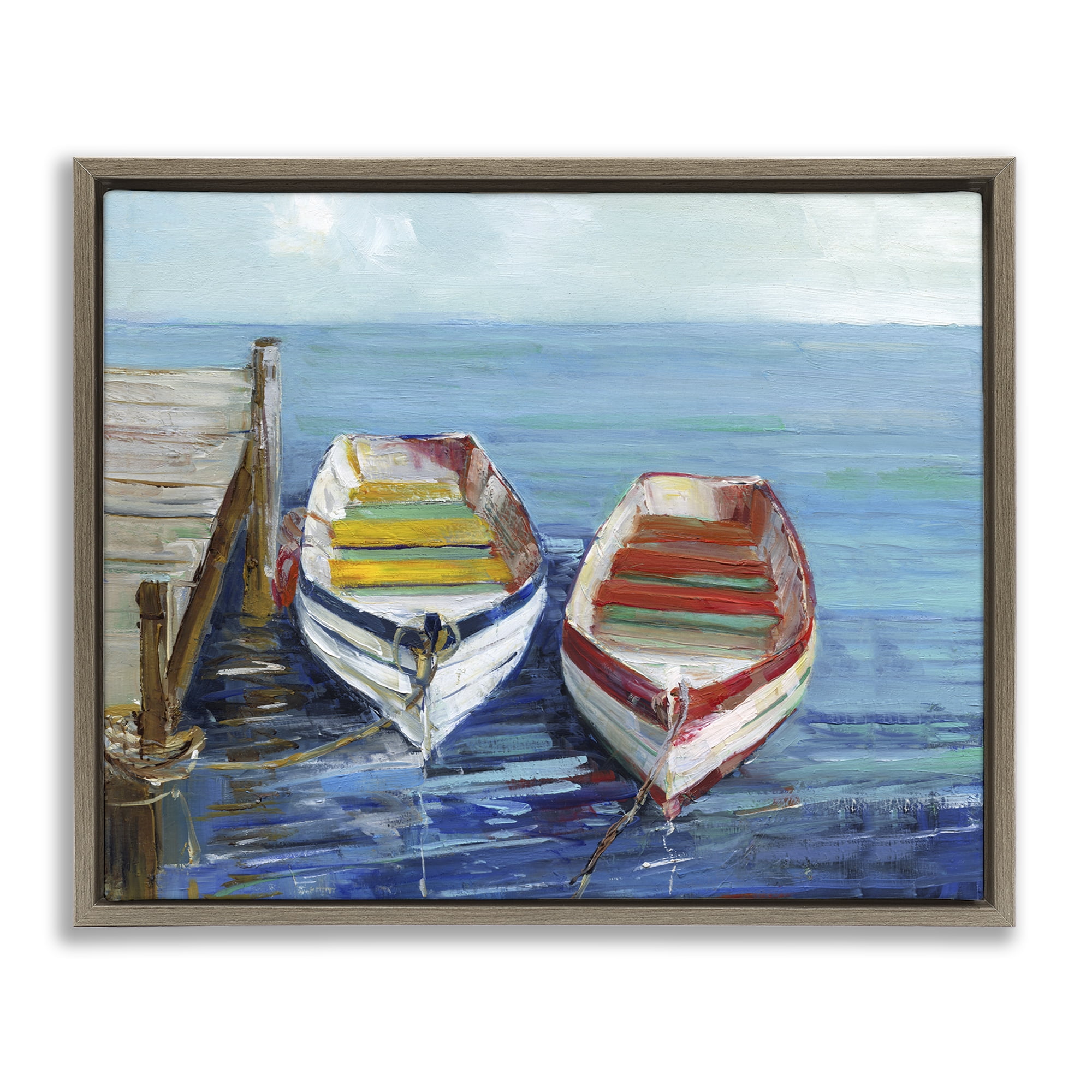 Stupell Industries Twin Boats by Dock Nautical & Beach Painting Brown Floater Framed Canvas Art Print Wall Art, 21 x 17