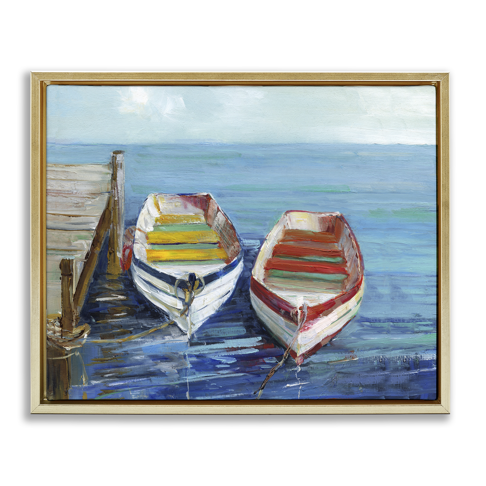 Stupell Industries Twin Boats by Dock Nautical & Beach Painting Gold Floater Framed Canvas Art Print Wall Art, 21 x 17