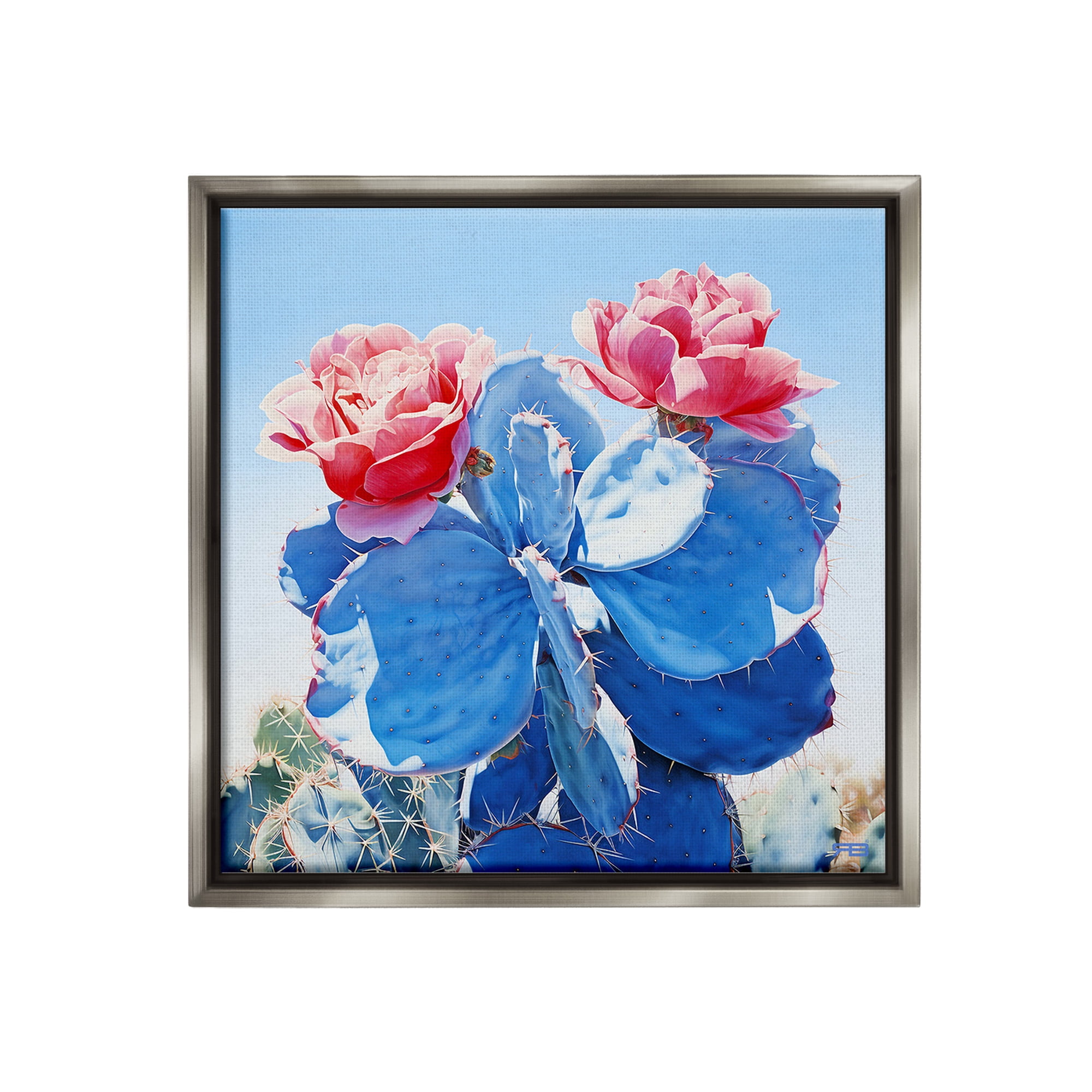 Stupell Industries Twin Cactus Blossoms Botanical & Floral Painting Gray Floater Framed Canvas Art Print Wall Art, 18 x 18