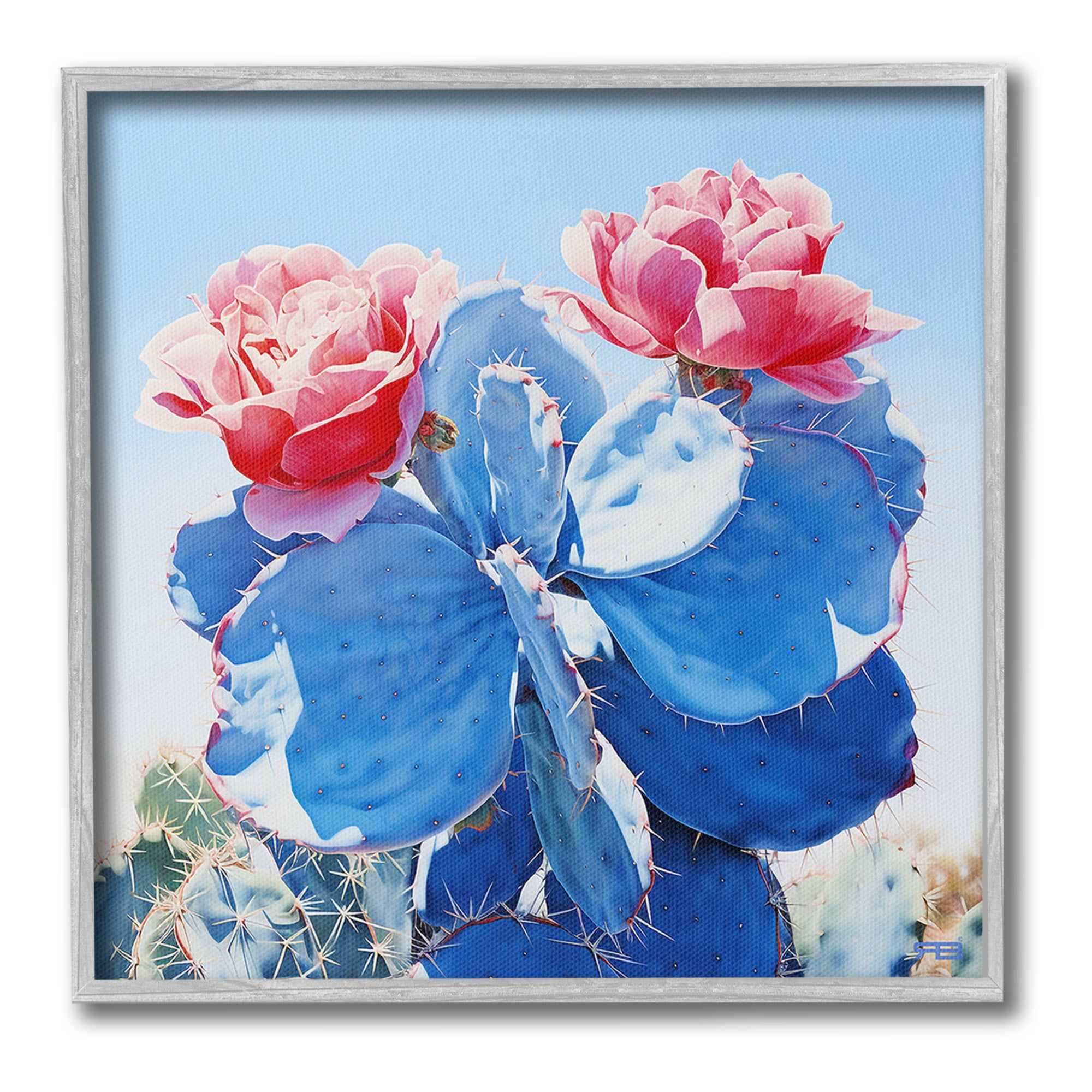 Stupell Industries Twin Cactus Blossoms Botanical & Floral Painting Gray Framed Art Print Wall Art, 24 x 24
