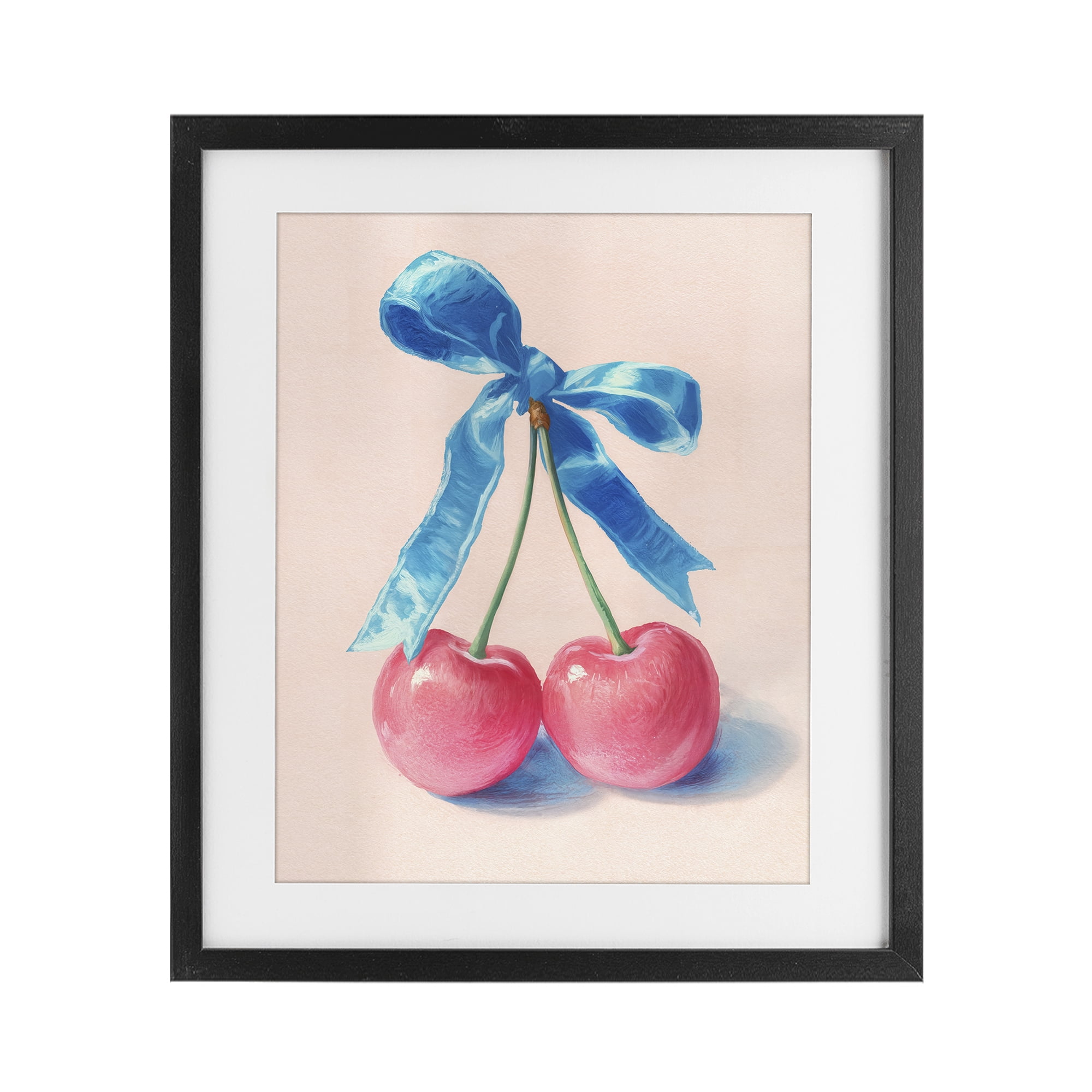 Stupell Industries Twin Cherries with Blue Ribbon Black Framed Print Under Glass, design by Imagine It Images