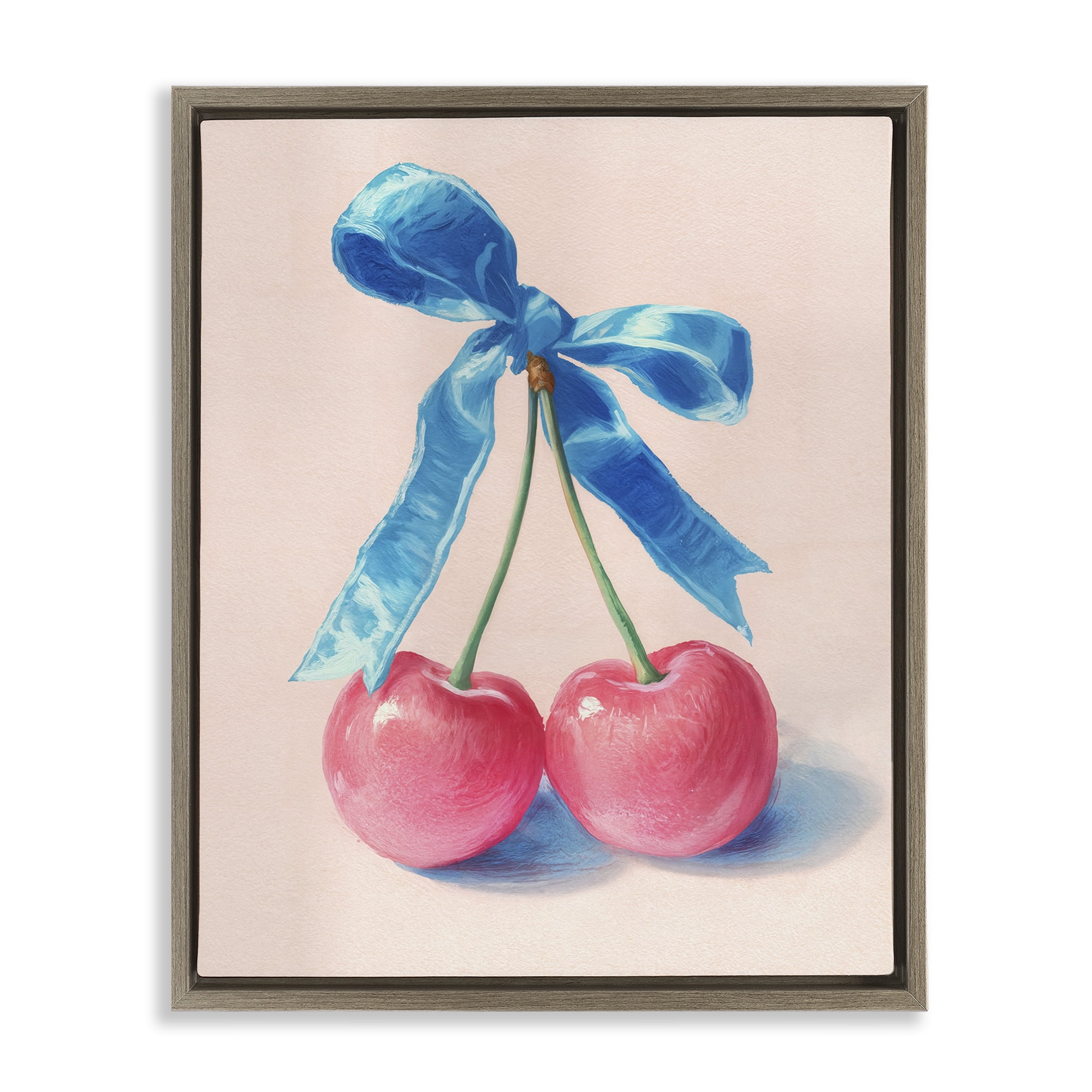 Stupell Industries Twin Cherries with Blue Ribbon Brown Framed Floater Canvas Wall Art, design by Imagine It Images