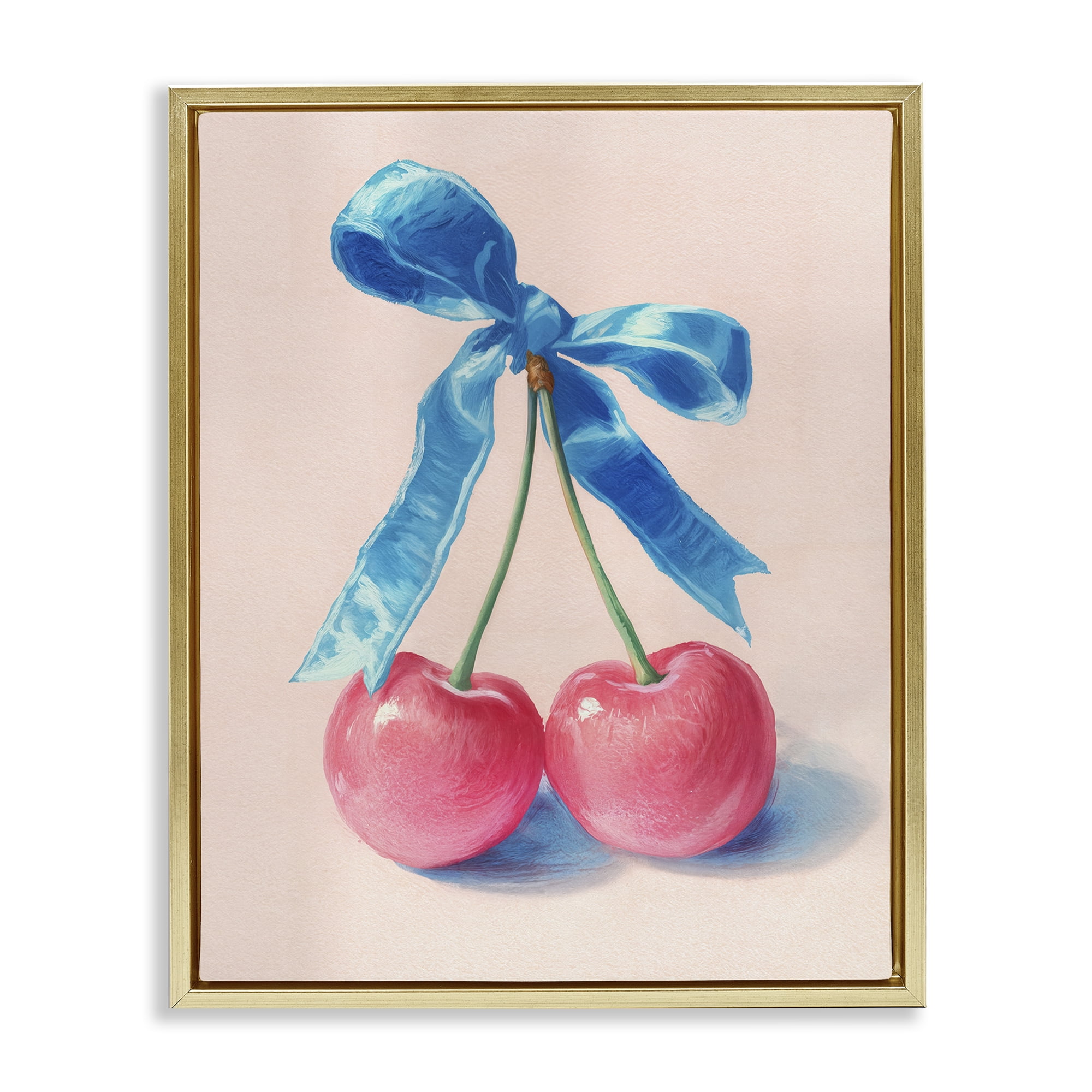 Stupell Industries Twin Cherries with Blue Ribbon Gold Framed Floater Canvas Wall Art, design by Imagine It Images