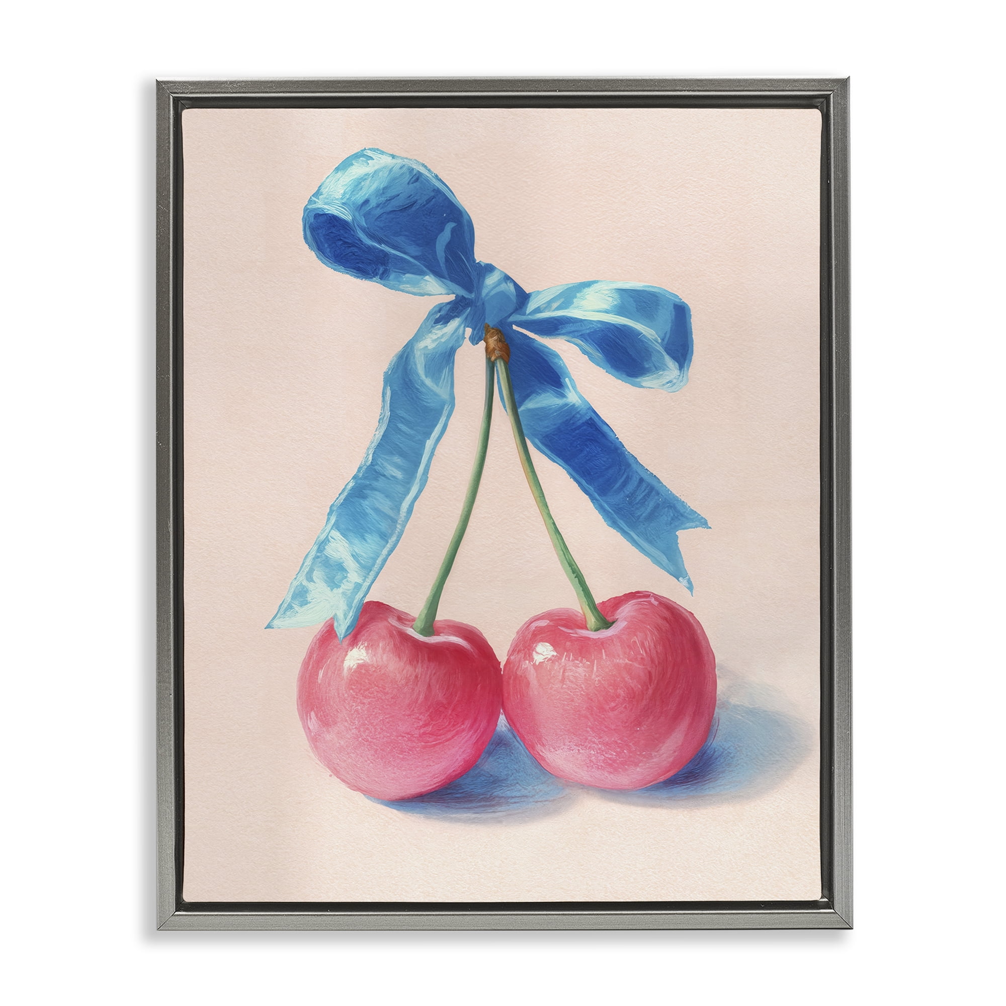 Stupell Industries Twin Cherries with Blue Ribbon Gray Framed Floater Canvas Wall Art, design by Imagine It Images