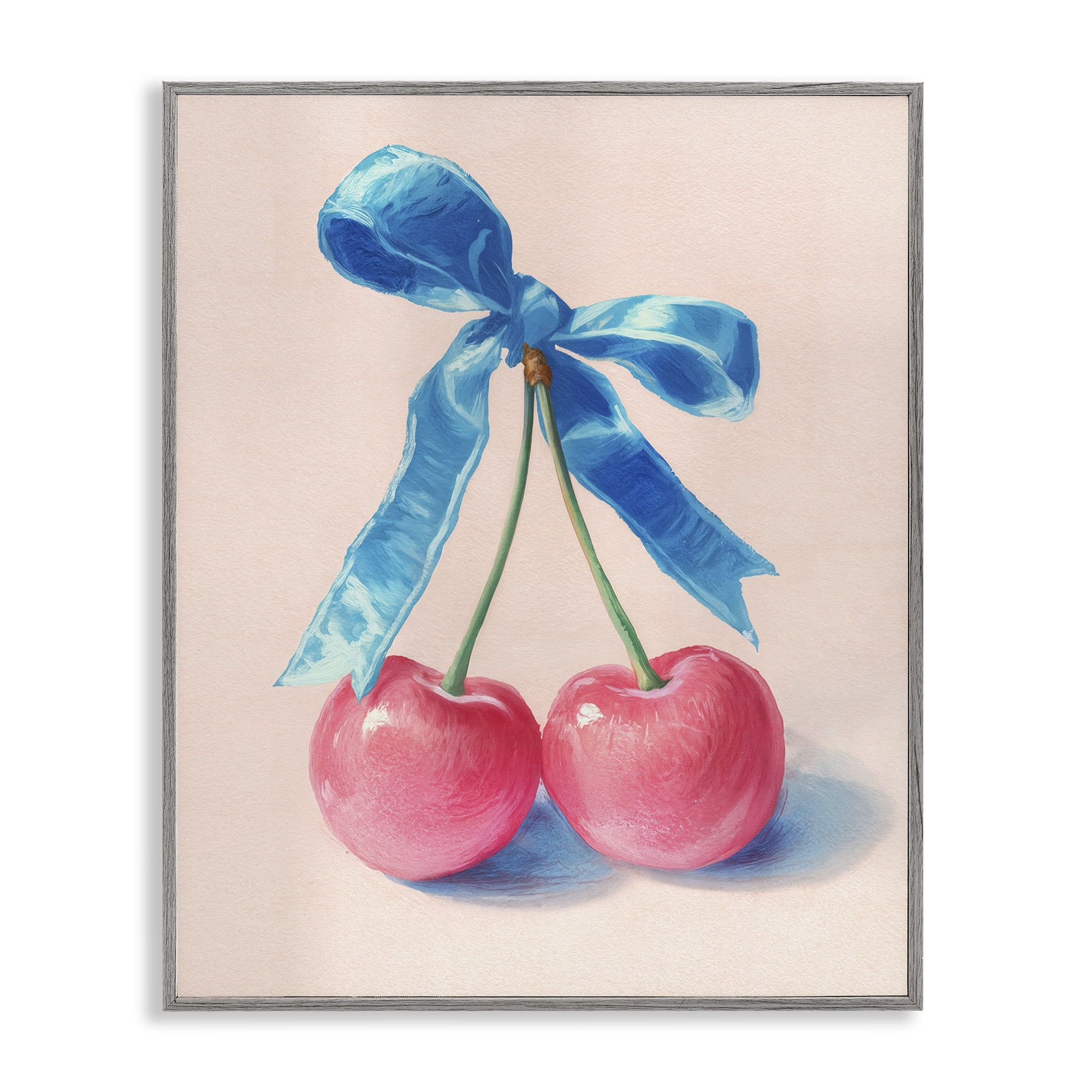 Stupell Industries Twin Cherries with Blue Ribbon Gray Framed Giclee Art, design by Imagine It Images