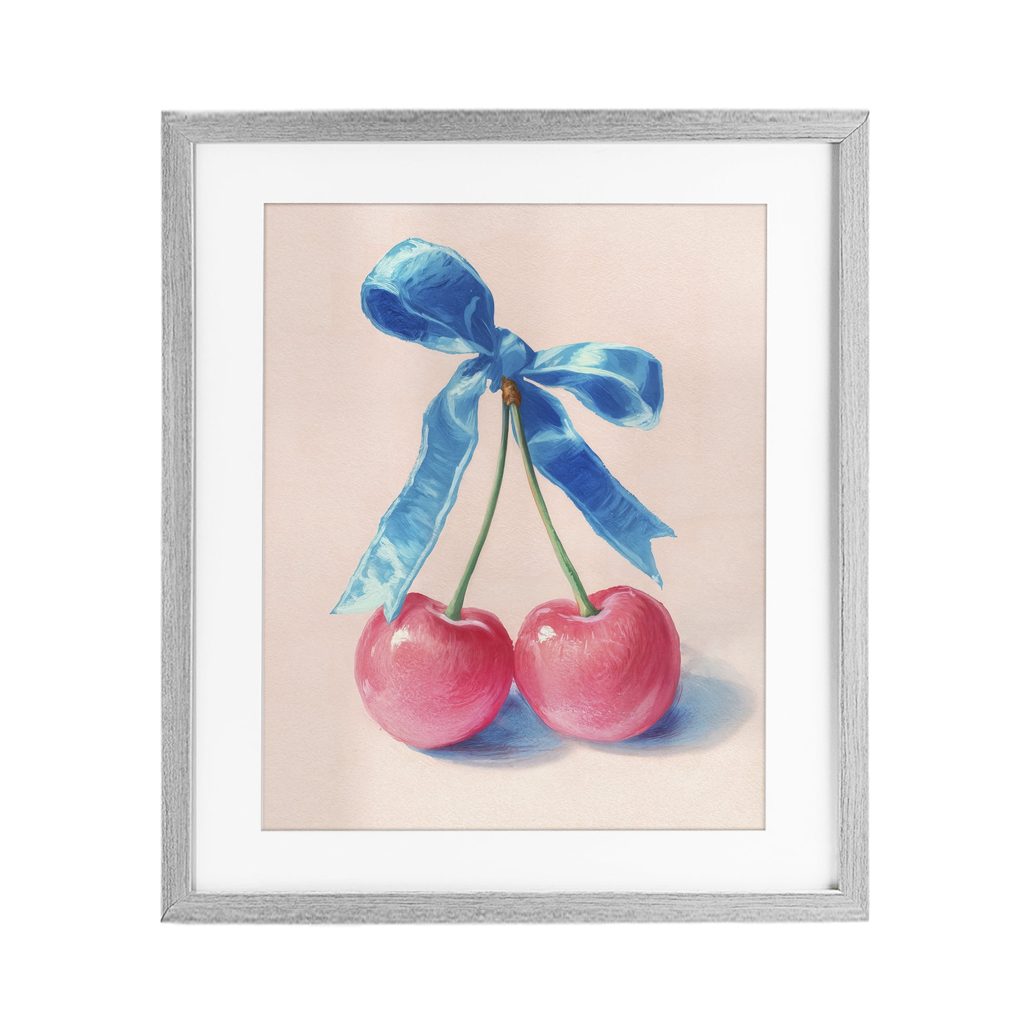 Stupell Industries Twin Cherries with Blue Ribbon Gray Framed Print Under Glass, design by Imagine It Images
