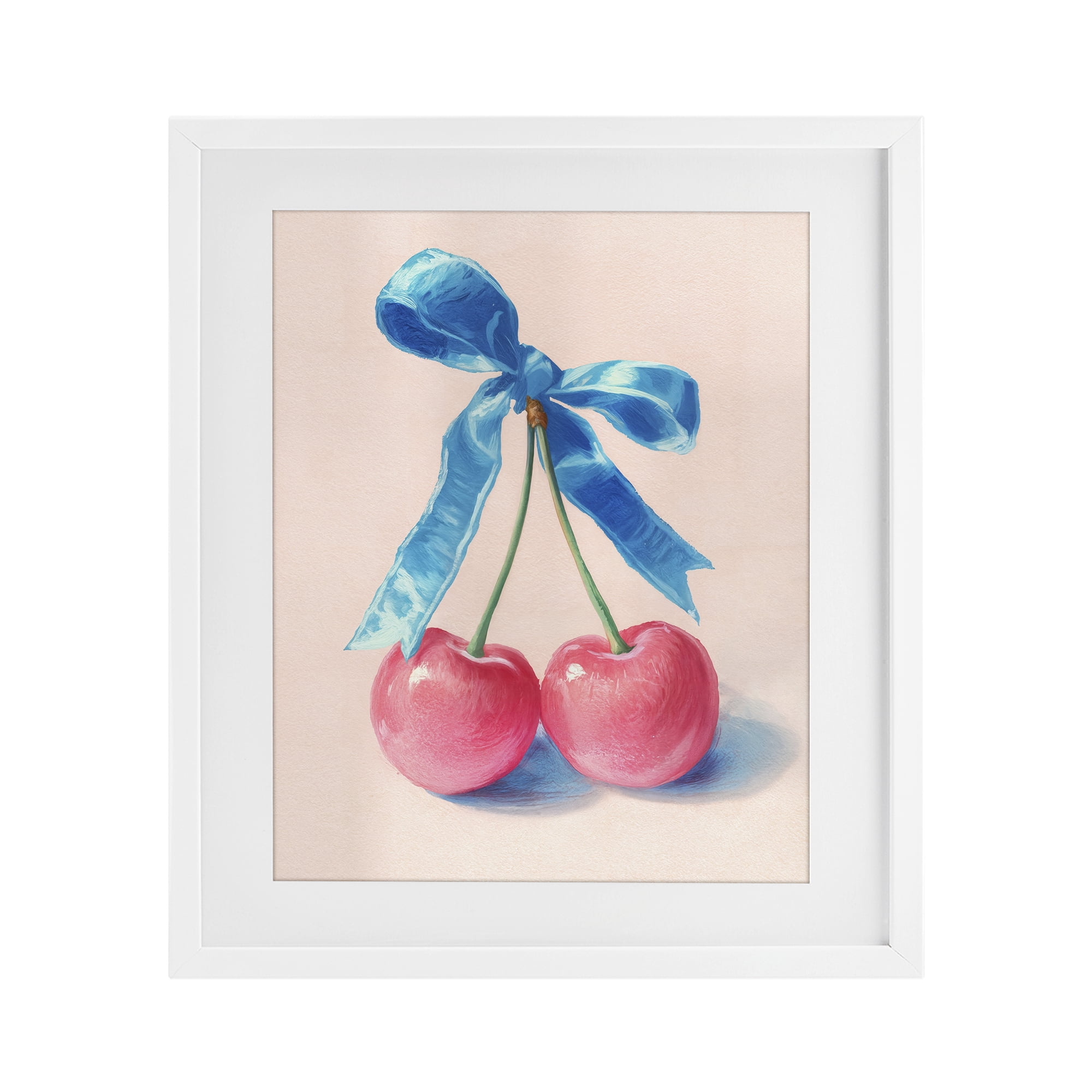 Stupell Industries Twin Cherries with Blue Ribbon White Framed Print Under Glass, design by Imagine It Images
