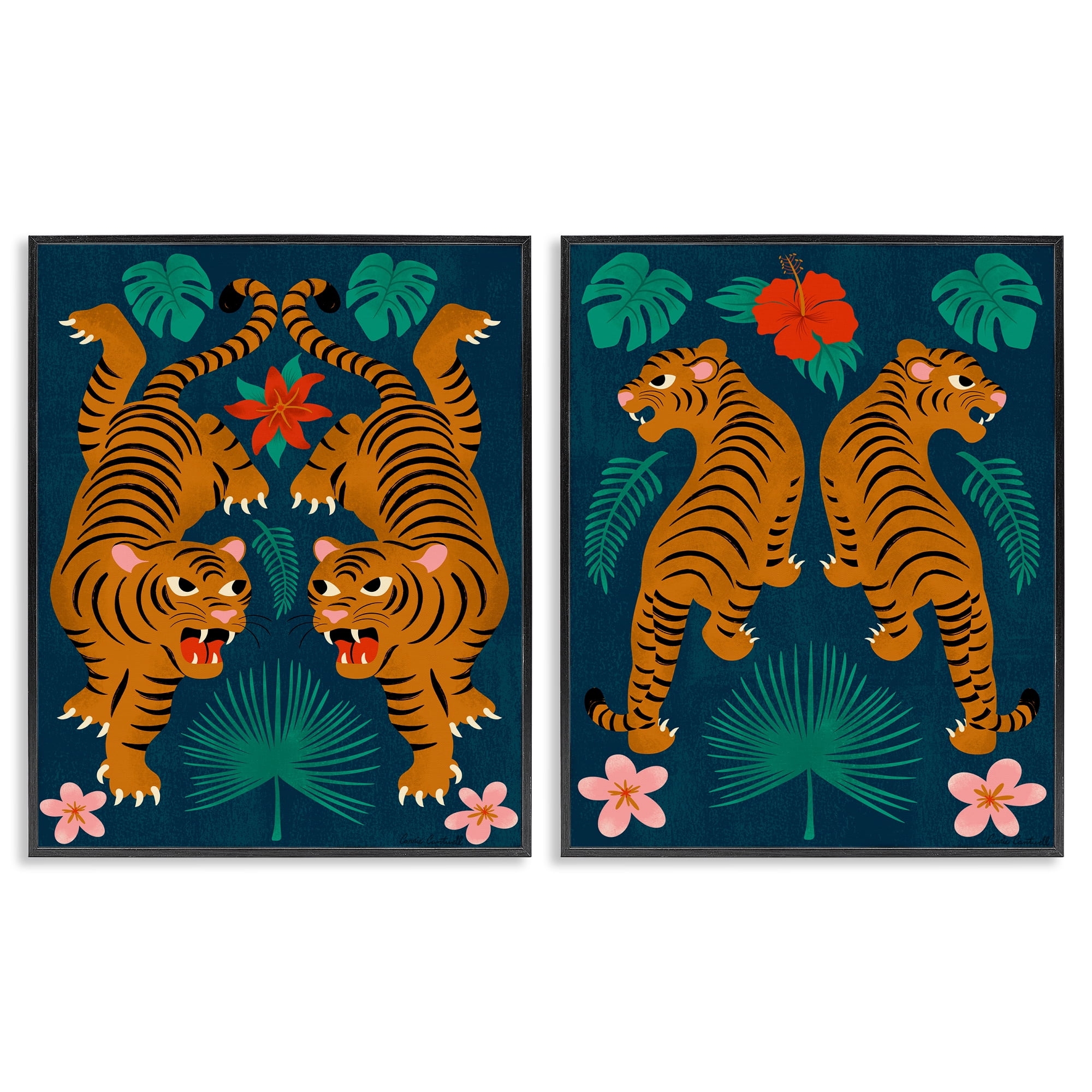 Stupell Industries Twin Jungle Tigers Animals Painting Black Framed Art Print Wall Art, 11 x 14, Set of 2