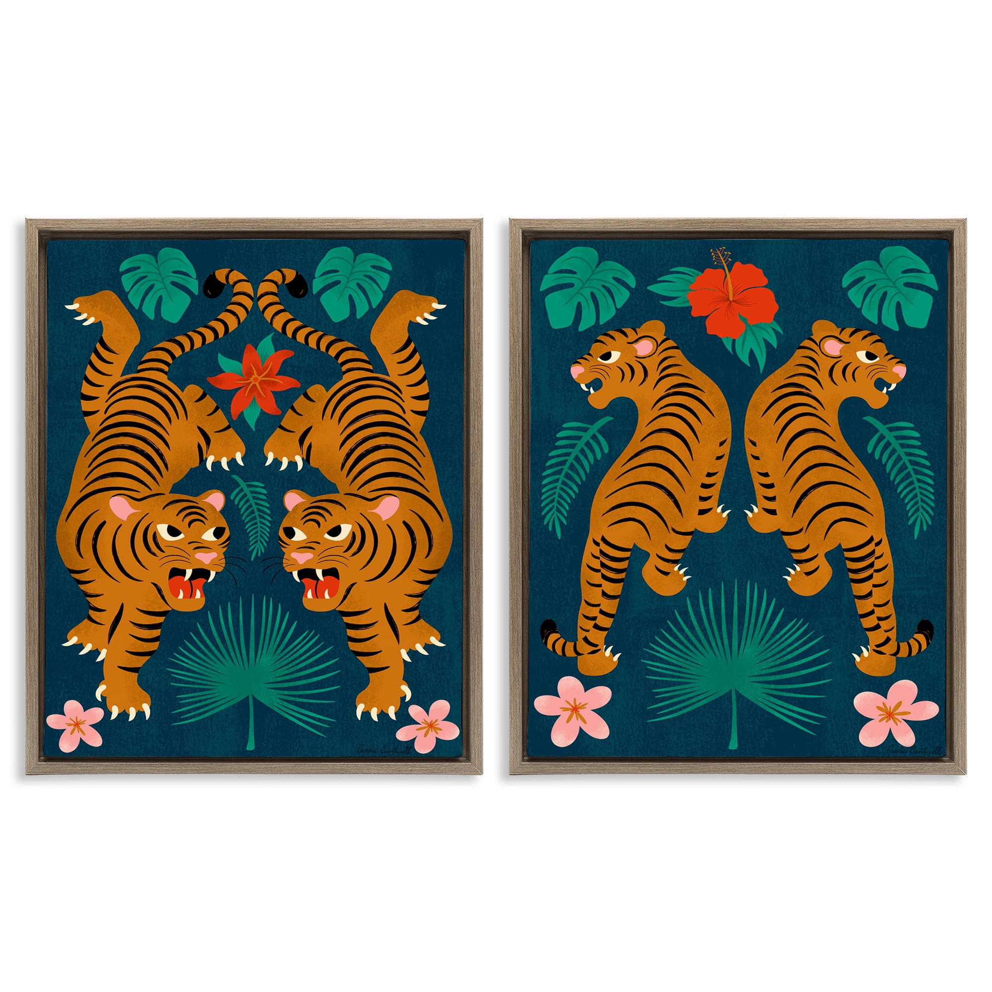 Stupell Industries Twin Jungle Tigers Animals Painting Brown Floater Framed Canvas Art Print Wall Art, 31 x 25, Set of 2