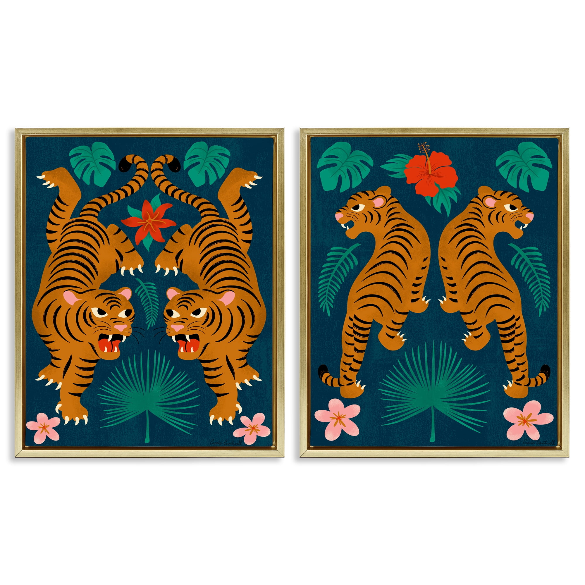 Stupell Industries Twin Jungle Tigers Animals Painting Gold Floater Framed Canvas Art Print Wall Art, 17 x 21, Set of 2