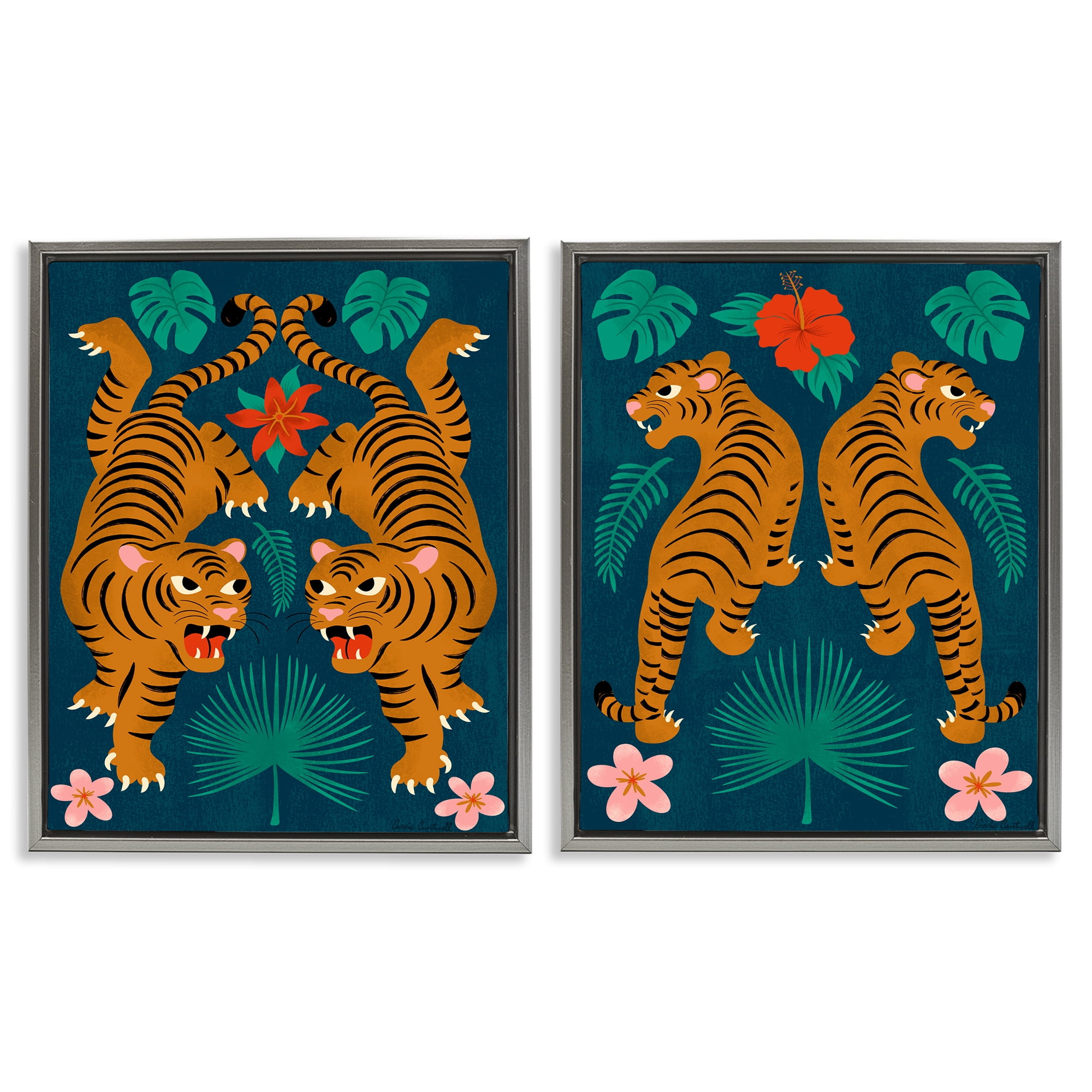 Stupell Industries Twin Jungle Tigers Animals Painting Gray Floater Framed Canvas Art Print Wall Art, 31 x 25, Set of 2