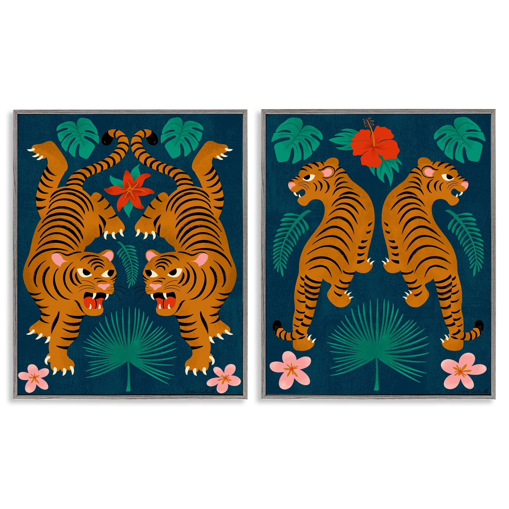 Stupell Industries Twin Jungle Tigers Animals Painting Gray Framed Art Print Wall Art, 16 x 20, Set of 2