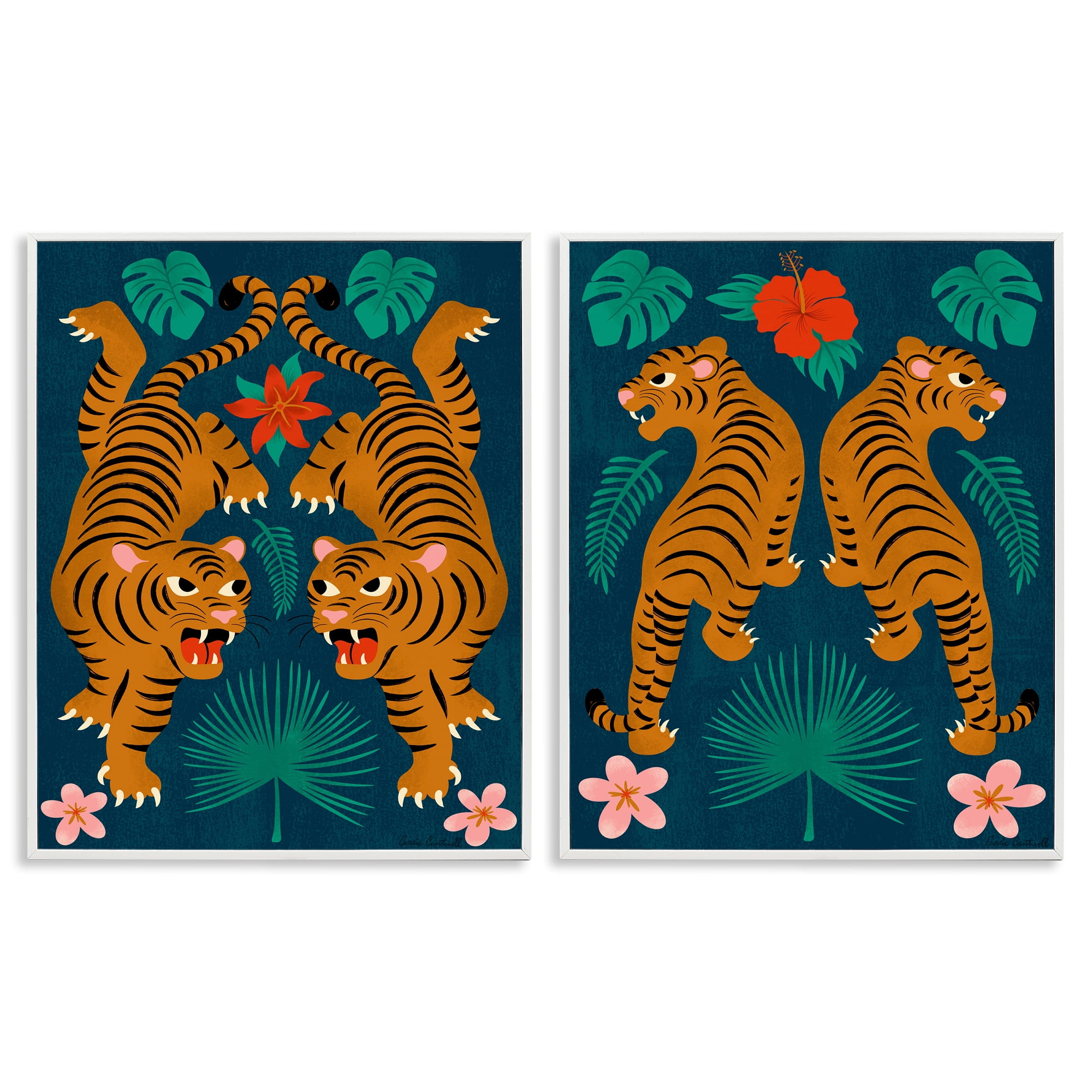 Stupell Industries Twin Jungle Tigers Animals Painting White Framed Art Print Wall Art, 16 x 20, Set of 2
