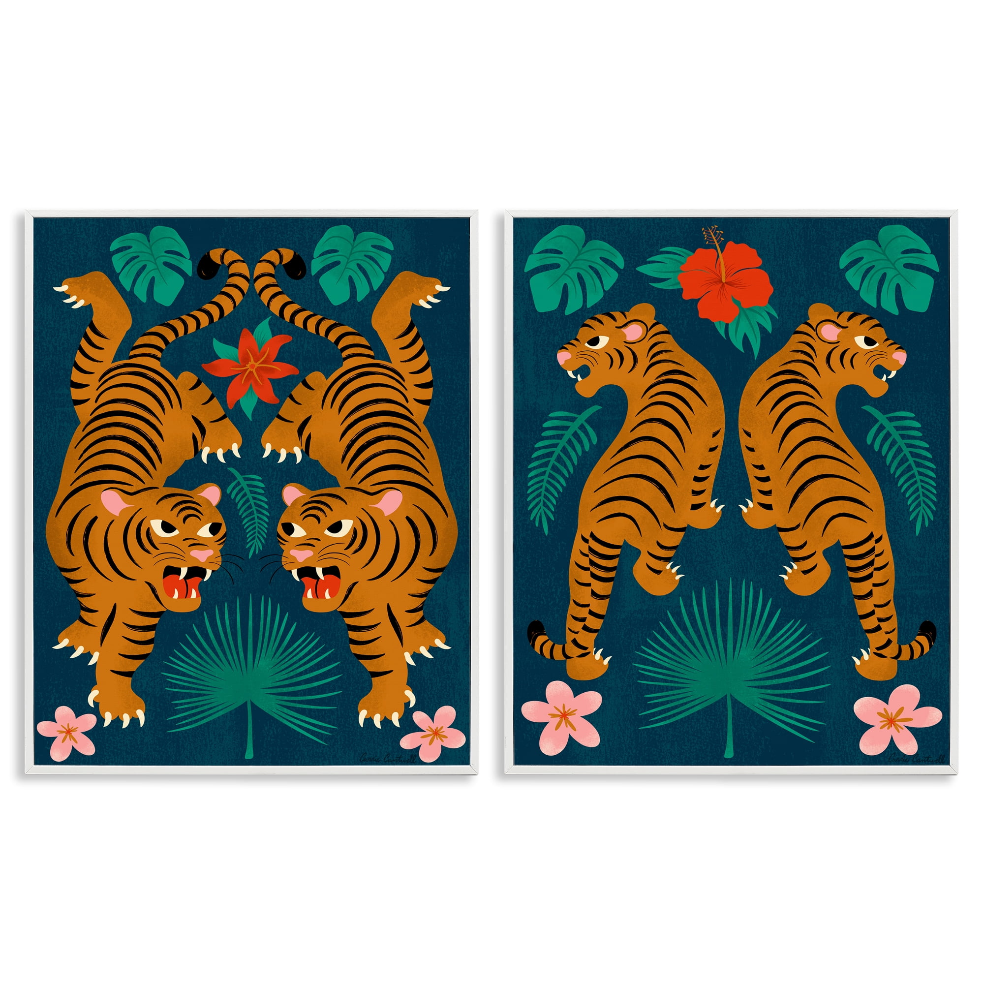 Stupell Industries Twin Jungle Tigers Animals Painting White Framed Art Print Wall Art, 24 x 30, Set of 2