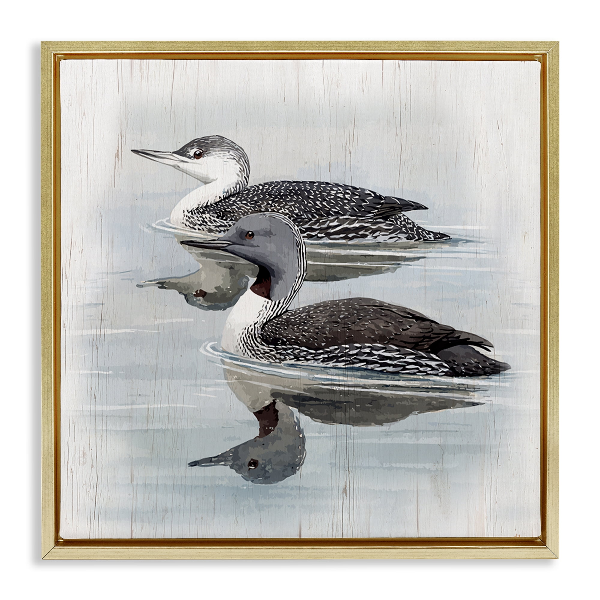 Stupell Industries Twin Loons in Water Animals Painting Gold Floater Framed Canvas Art Print Wall Art, 25 x 25