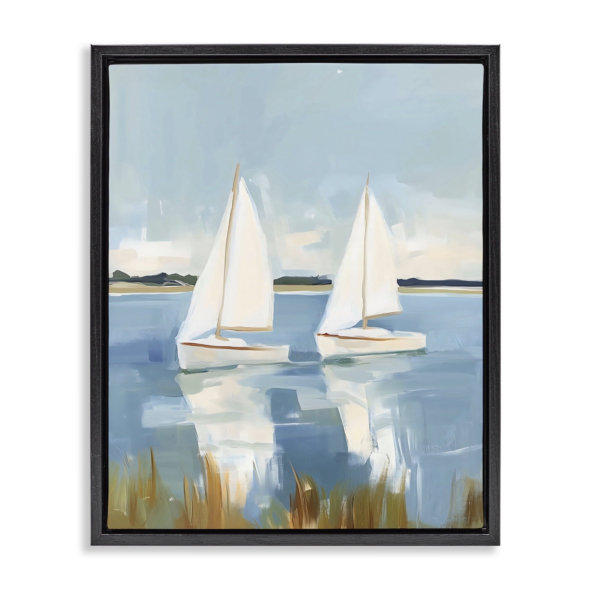 Stupell Industries Twin Sailboats By Shore Black Framed Floater Canvas Wall Art, design by The Prints Vibe