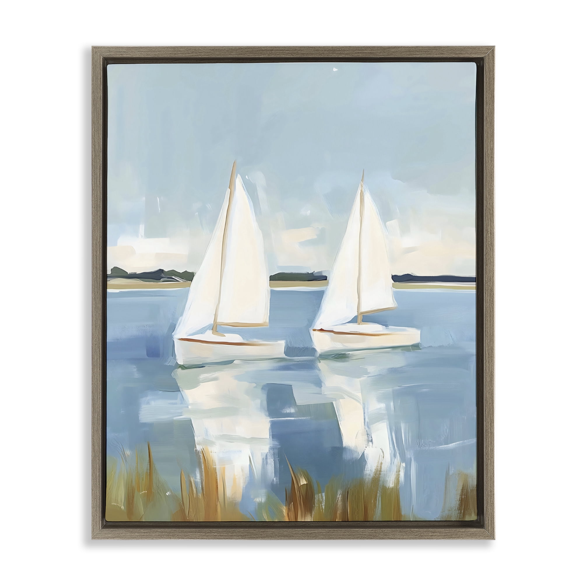 Stupell Industries Twin Sailboats By Shore Brown Framed Floater Canvas Wall Art, design by The Prints Vibe