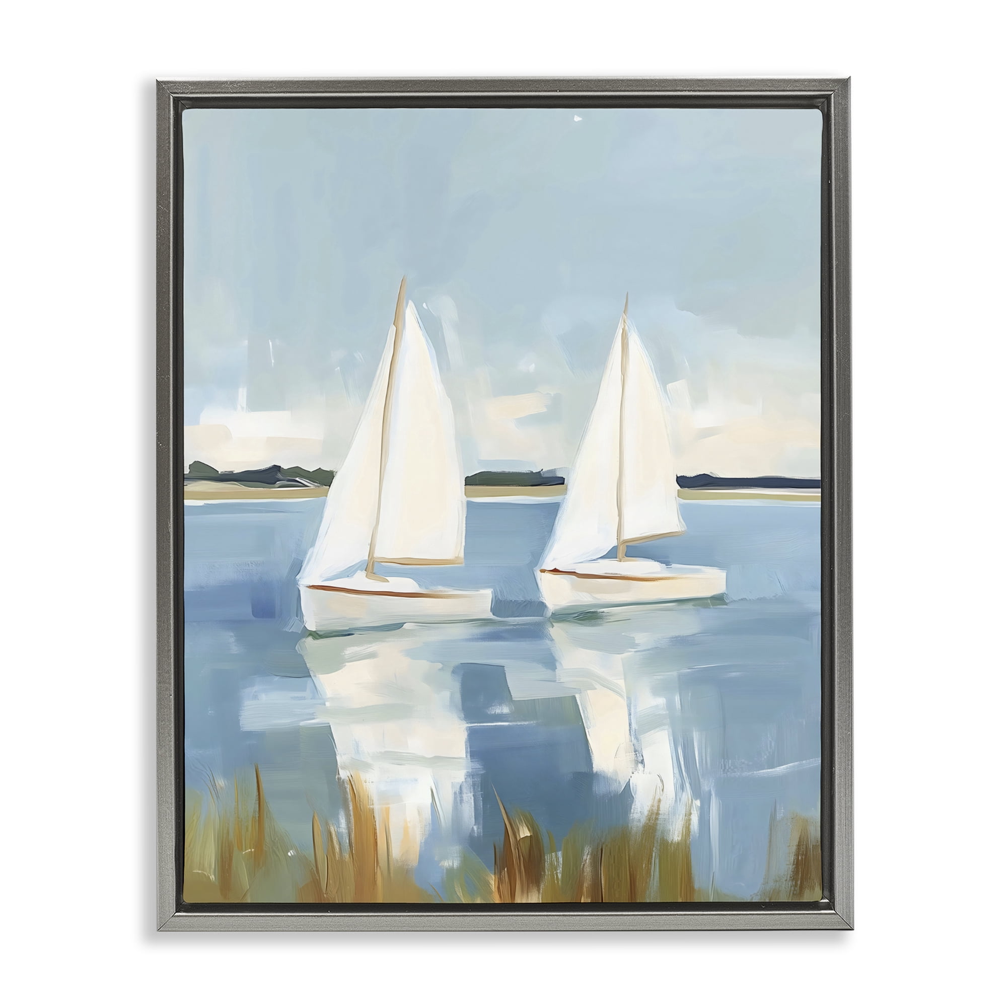 Stupell Industries Twin Sailboats By Shore Gray Framed Floater Canvas Wall Art, design by The Prints Vibe