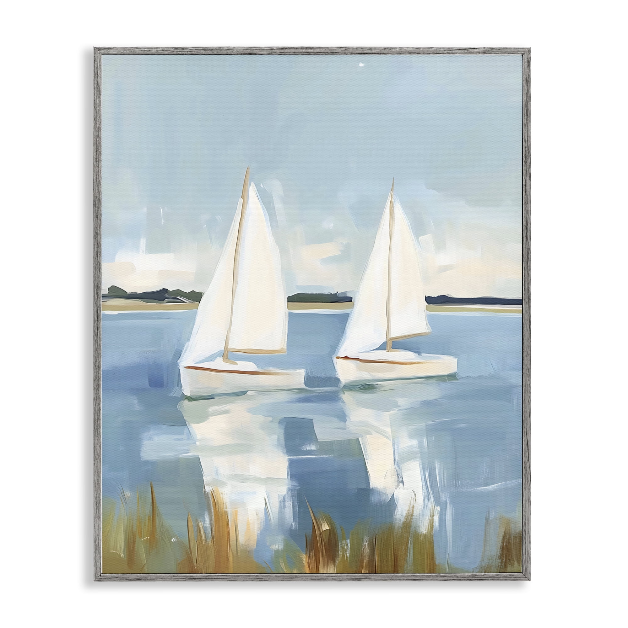 Stupell Industries Twin Sailboats By Shore Gray Framed Giclee Art, design by The Prints Vibe